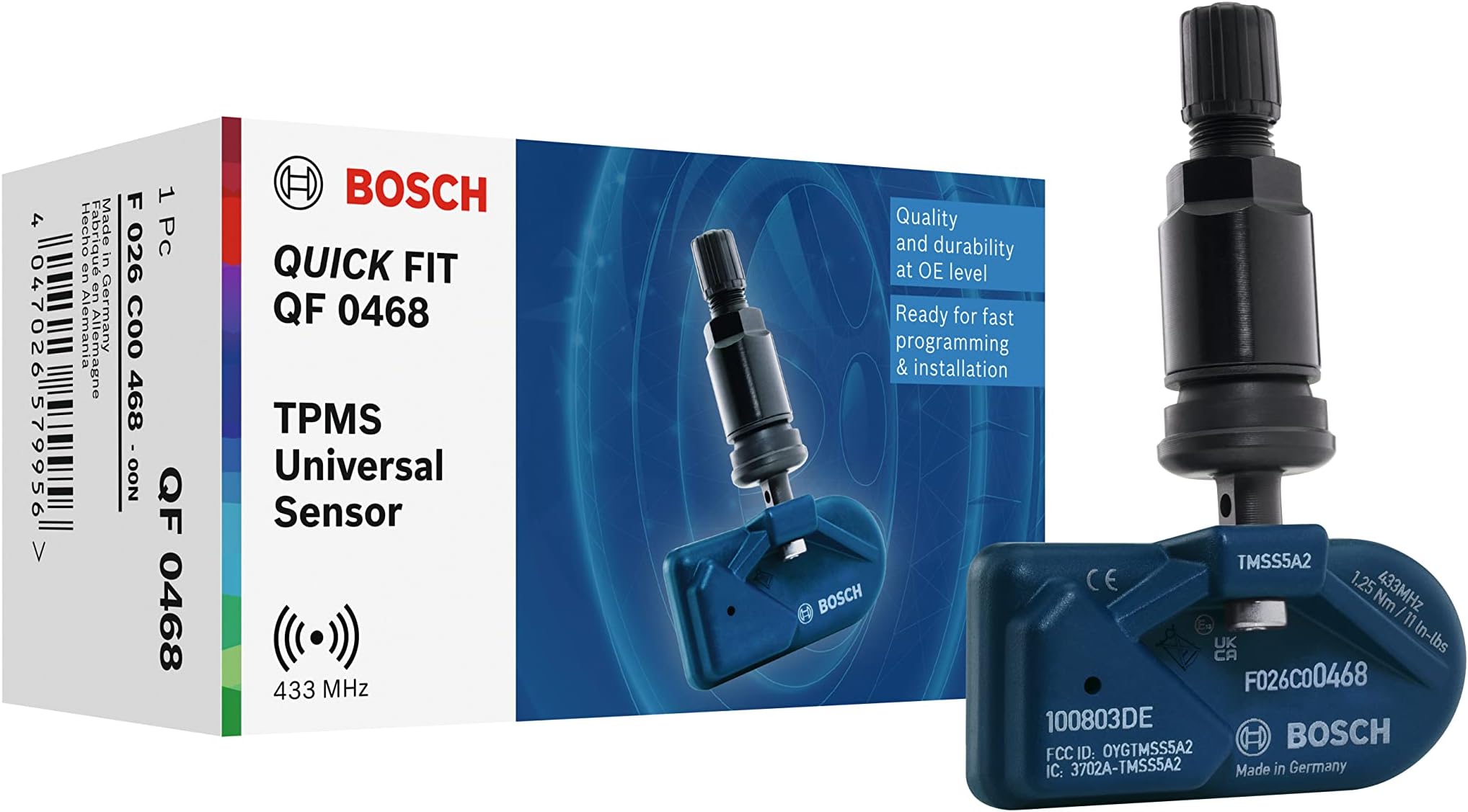Bosch F026C00468 QF0468 Universal QUICK FIT TPMS Sensor Tyre Pressure Sensor with Metal Valve Black 433.92 MHz