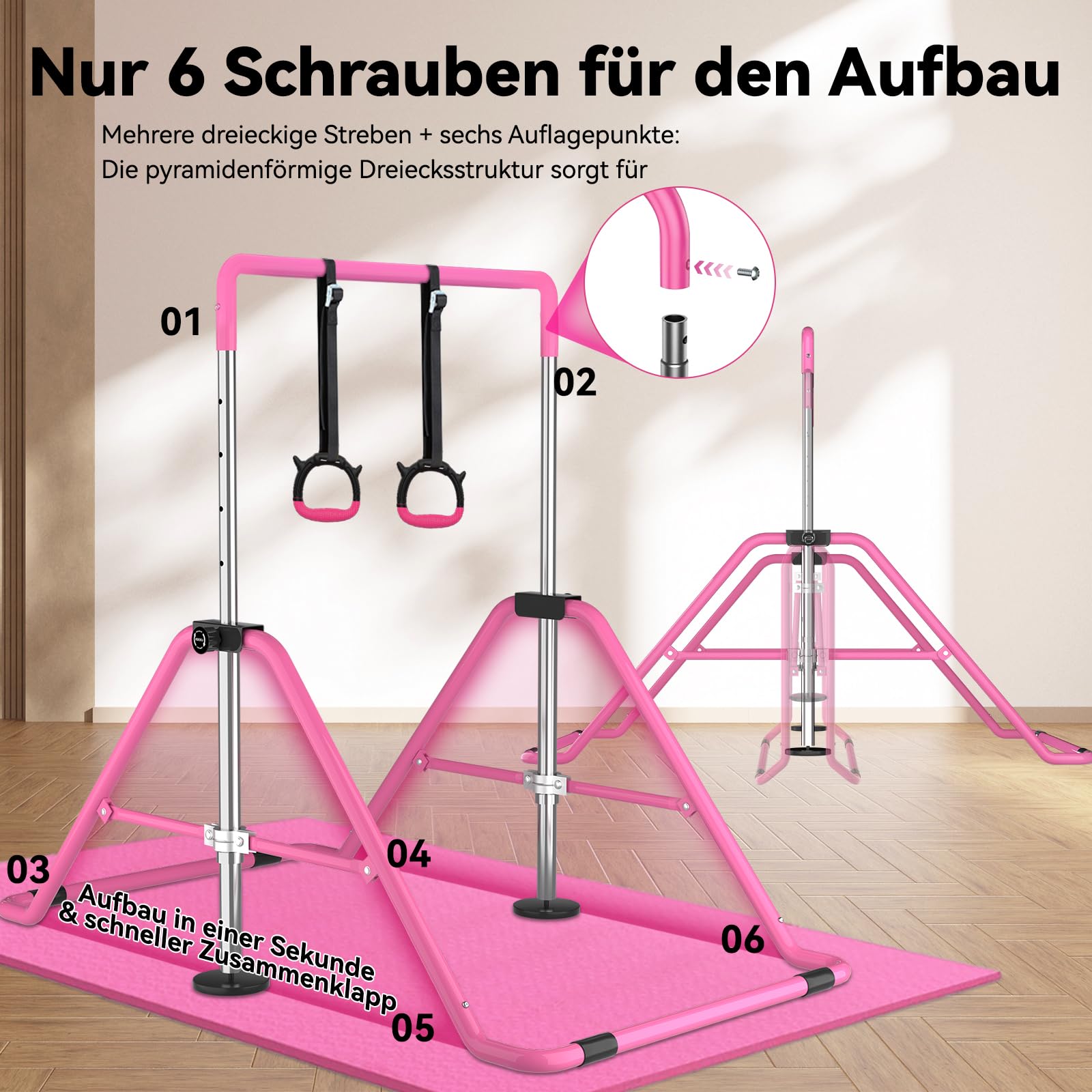 WATBKHE Gymnastikstange, verstellbare und Faltbare Reckstange mit Ringen, Gymnastics Bars Turnreck, erweiterbare Turnstange für Heimtraining, Reckstange Kinder für Indoor & Outdoor, mit Matte
