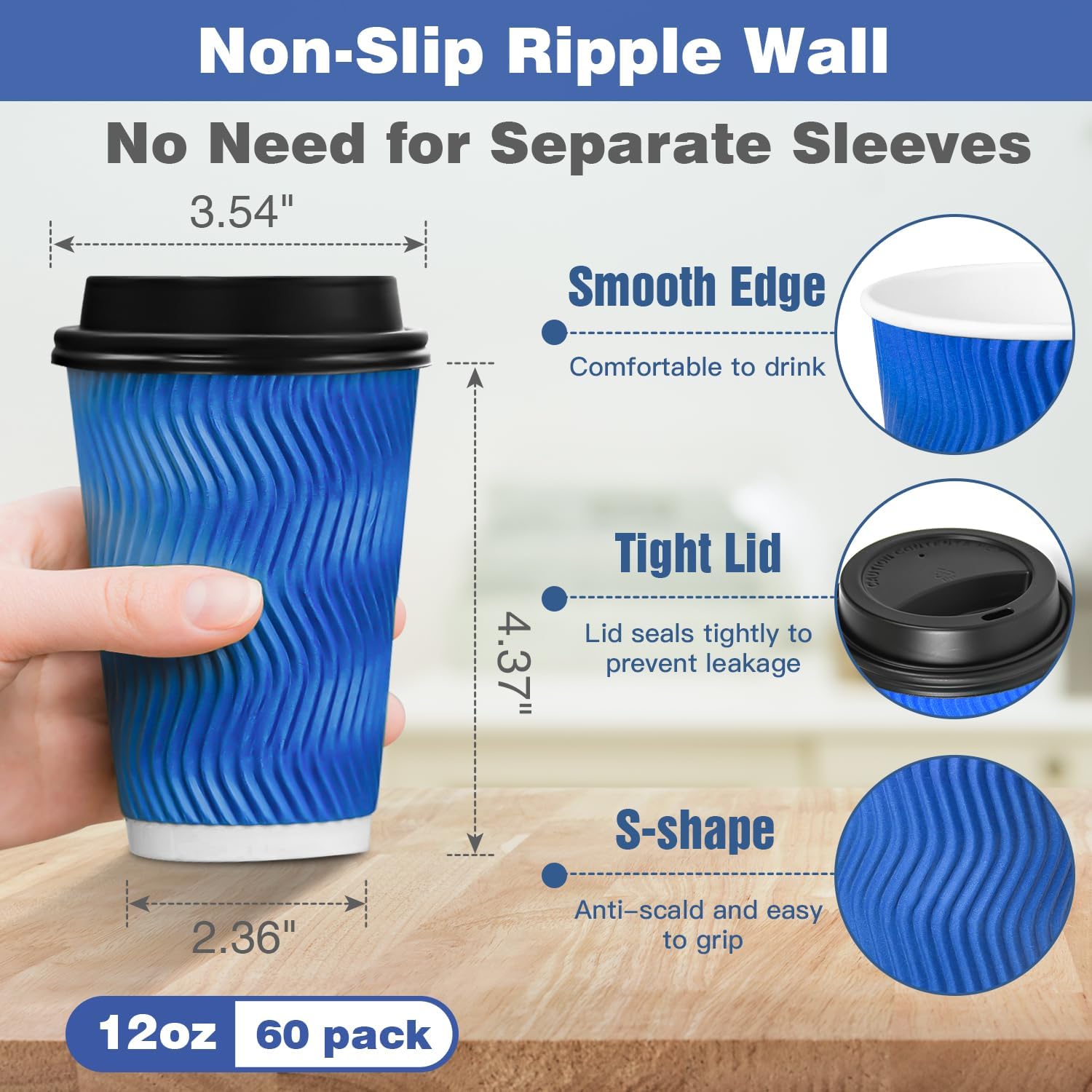 Ginkgo 60 Pack 12 oz Disposable Coffee Cups with Lids, Double Wall Insulated Ripple Paper Cups, Leak Proof To Go Coffee Cups for Hot Beverages thumbnail