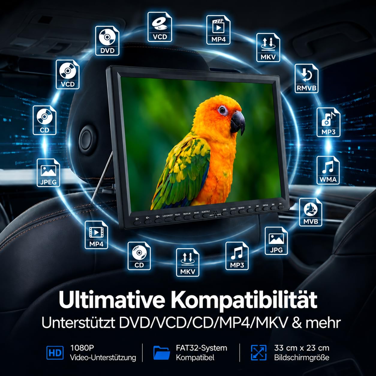Tragbarer DVD-Player mit Kopfstützenhalterung, 14,1 Zoll großer schwenkbarer Bildschirm, DVD-Player für Auto, unterstützt 720P Video MP4, RMVB-Formate, regionenfreier wiederaufladbarer Akku, großer