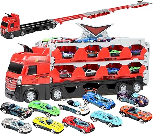 Mega Hauler - Camión transportador con pista de carreras de eyección, para niños, catapulta y disparo, camión grande plegable de almacenamiento,