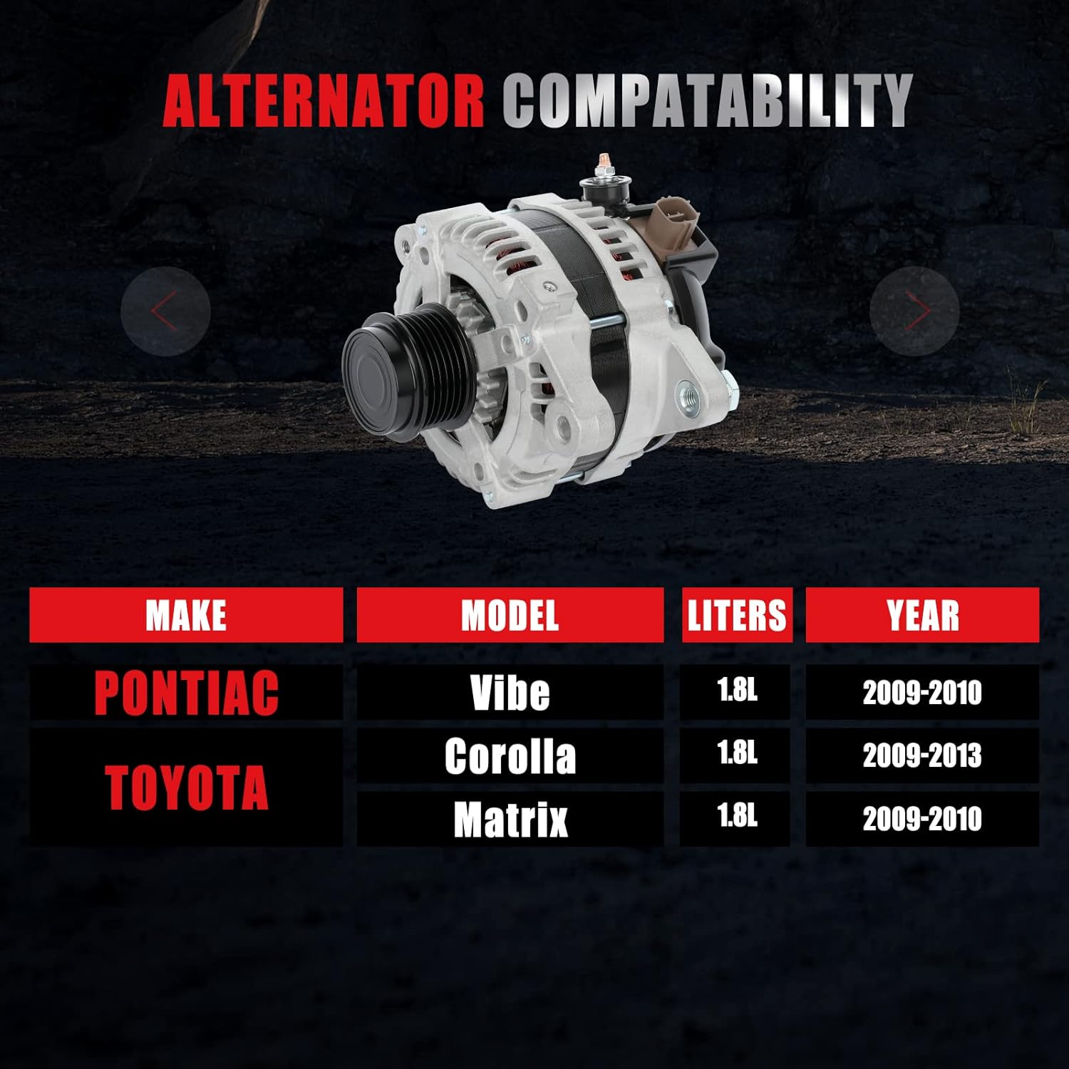 New Alternator Compatible with 2009-2010 for Corolla 2009-2010 for Vibe 2009-2010 for Matrix Alternator 100AMP 12V High Output Alternator OE #12897 11385 11386 11577 210-0731 210-0699
