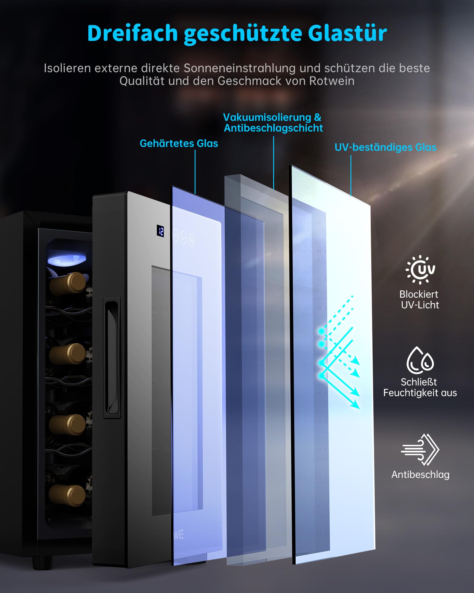 WIE Weinkühlschrank 8 Flasche Getränkekühlschrank 23L Weinschrank Klein 5-18°C Wein-Kühlschrank mit Glastür Vollglas-Designtür LED Touchpanel Anti-UV Mini Wine Fridge
