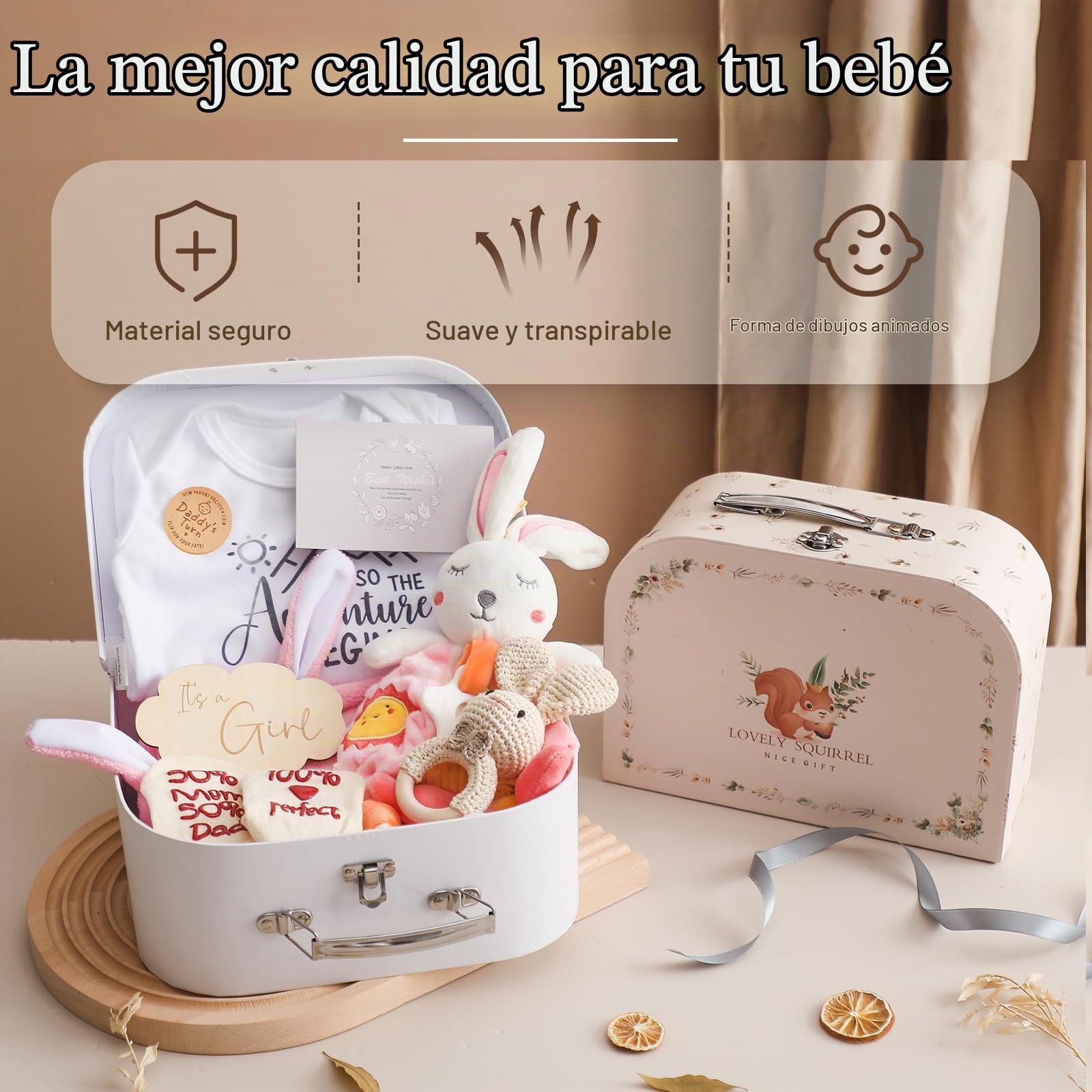 Baby Gift Set Traje regalo para bebés,regalo recién nacidos,toallas baño para fiestas bebés,calcetines mantas para bebés milestone,ganchillo madera,juguetes Griffin Rattle (para niñas)