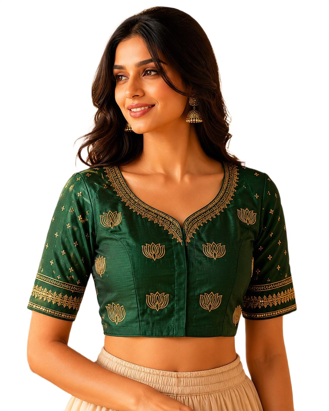 treva Women's Woven Jacquard Readymade Blouse|V-Neck Elbow Sleeve Designer Saree Blouse|Lotus Motif with Back Dori Tie-Up|Padded Ethnic Party Blouse-picture-33