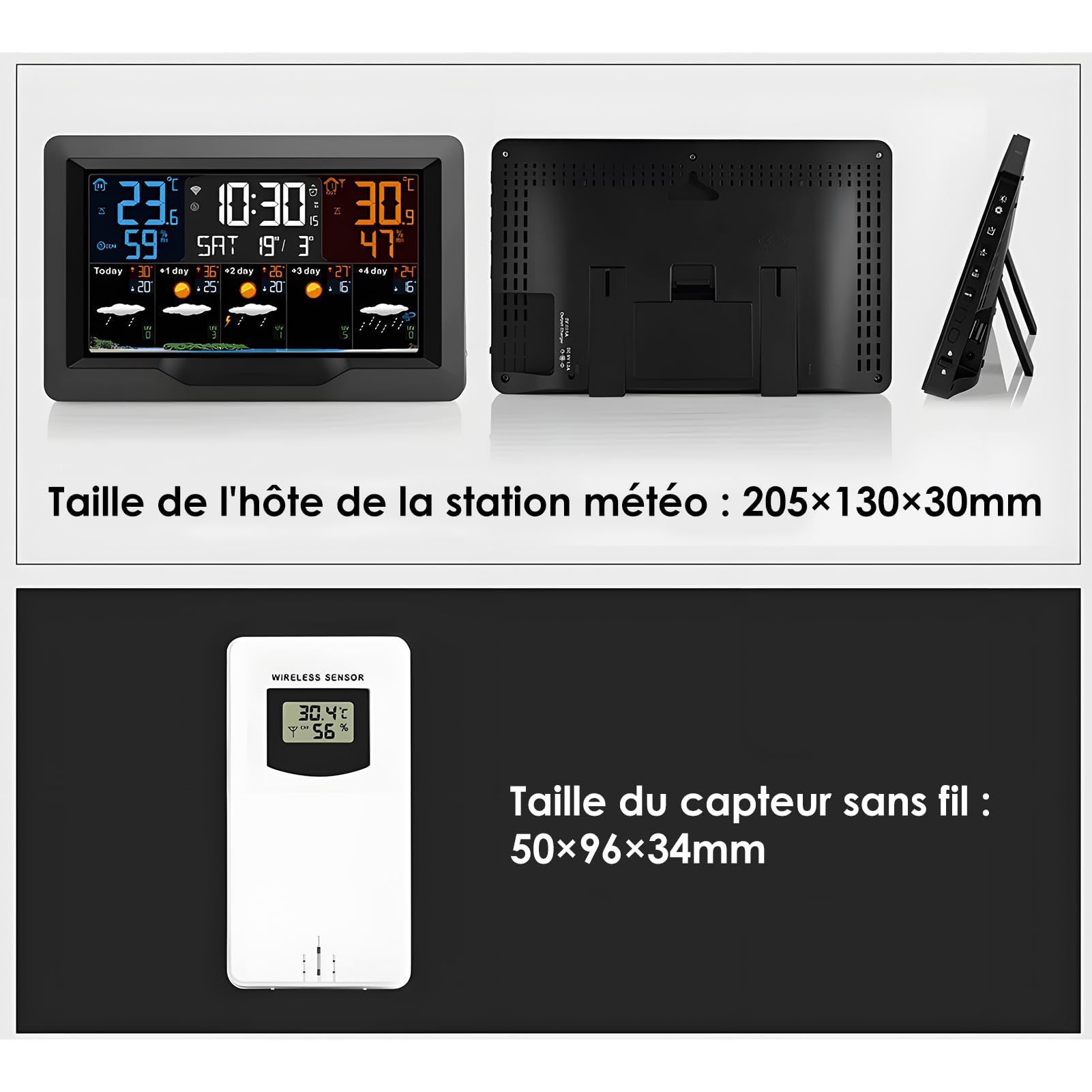 Buachois Horloge météo Intelligente, thermomètre météo numérique pour la Maison, thermomètre météo numérique à Affichage Couleur avec Pression barométrique, alarmes de Vent et de Gel,