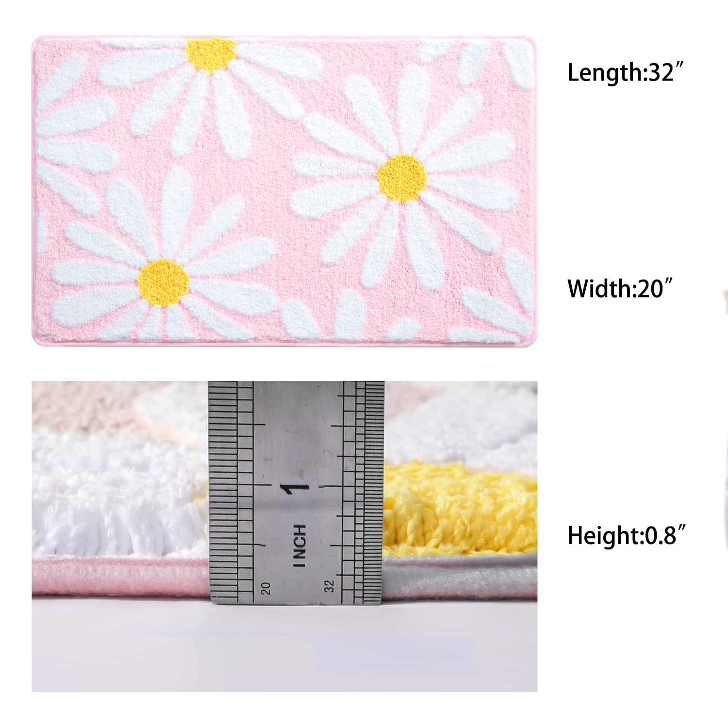 Tapis de Salle de Bain Rose avec Motif Marguerites Blanches et Jaunes Tapis de Sol antidérapant en Microfibre Super Absorbant Lavable en Machine pour Douche, Baignoire, Chambre à Coucher 50,8