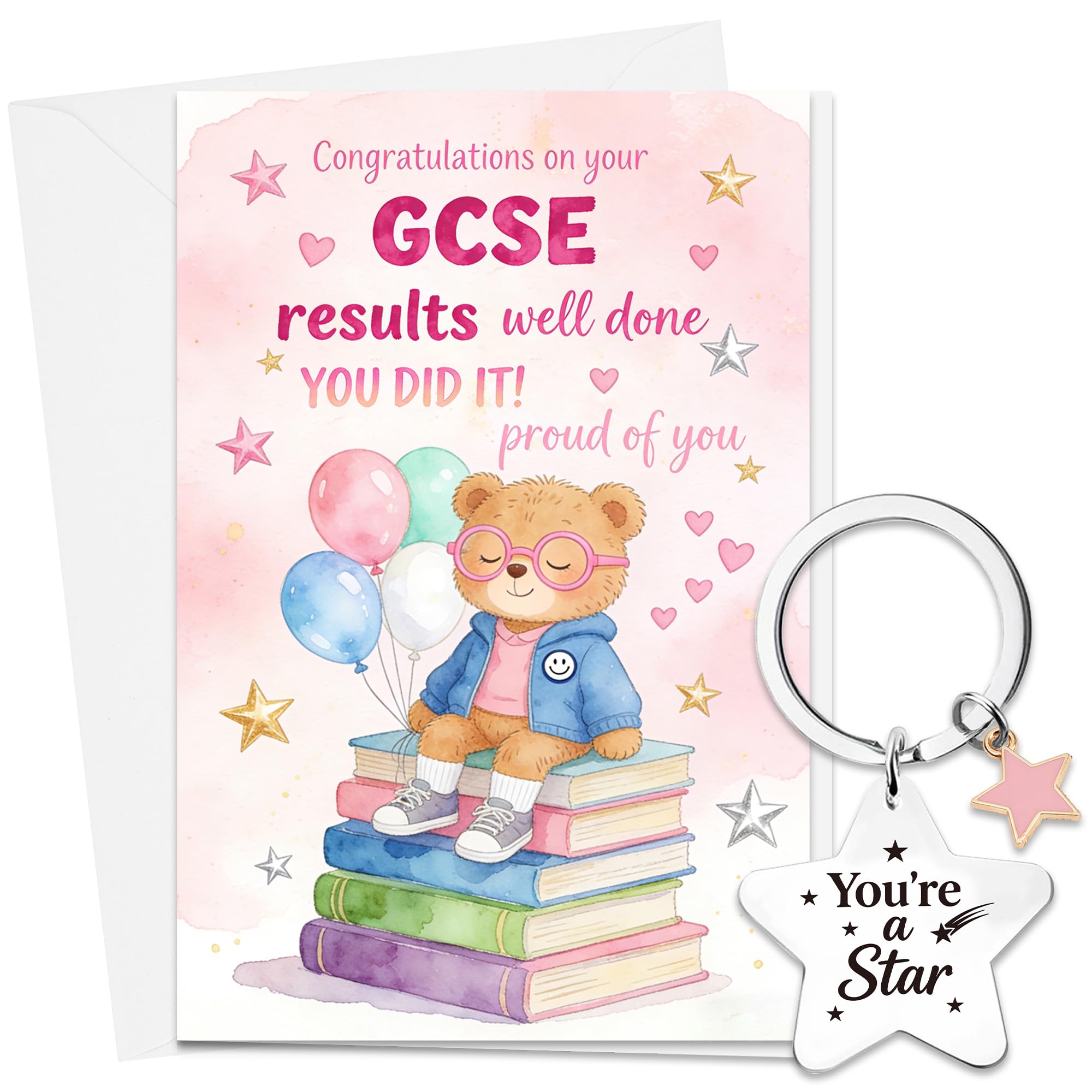 GCSE Results Congratulations Card with Keyring - Well Done Proud of You Passed Exams Gift, Pink Cute Bear Greeting Card with Envelope and Star Keyring for GCSE Success
