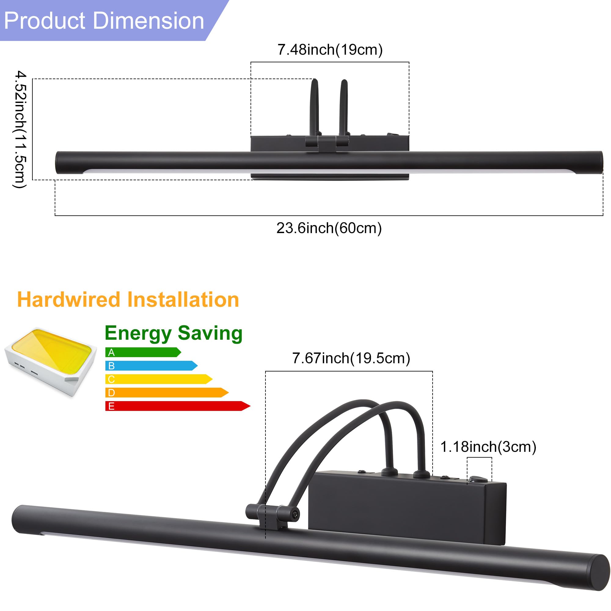Schwarze Spiegelleuchte Bad LED Wandleuchte mit Schalter 60cm IP44 10W 270° Einstellbar 3 Farbtemperaturen 3000K 4000K 6000K 600LM Innen Badleuchte Bilderlampe Für Wohnzimmer Badzimmer Schlafzimmer