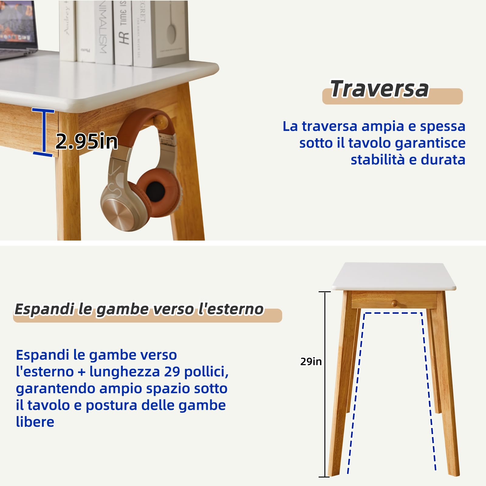 Aibiju Piccola Scrivania per Computer, Scrivania in Legno con Cassetto e asta Pensile, Scrivania da Studio, Scrivania da Lavoro, Tavolo da Pranzo in Legno Bianco + Gambe in Legno Naturale YD-WD01WN