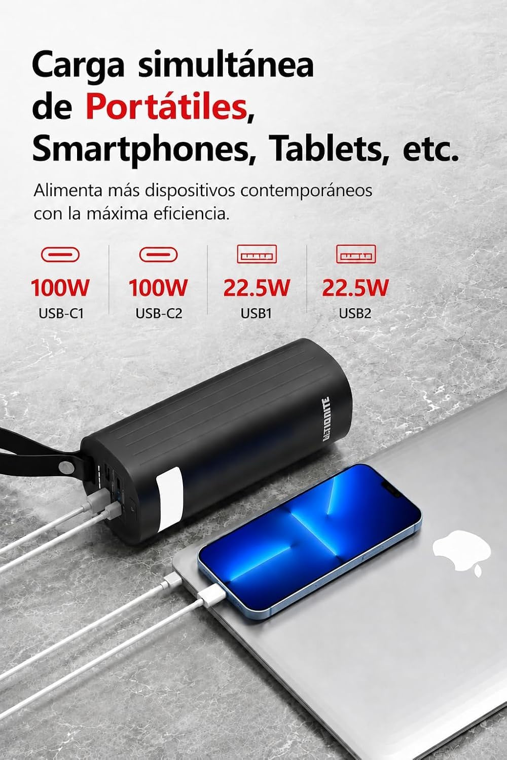 LITIONITE Titan Batería Externa 60000mAh 200W para Ordenador Portátil y MacBook, 2 Puertos USB-C 100W PD3.0, Power Bank LiFePO4 3000 Ciclos, para Tablet, Nintendo Switch y Drone