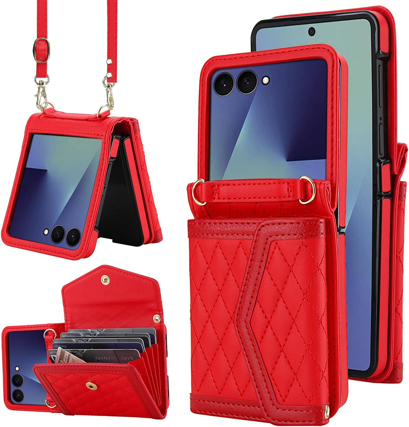 Asuwish Phone Case for Samsung Galaxy Z Flip 7 5G Wallet Cell Cover with RFID Blocking Credit Card Holder Slot Crossbody Strap Stand ZFlip 7Z Z7 G Flip7 ZFlip7 Women Men Girls Red