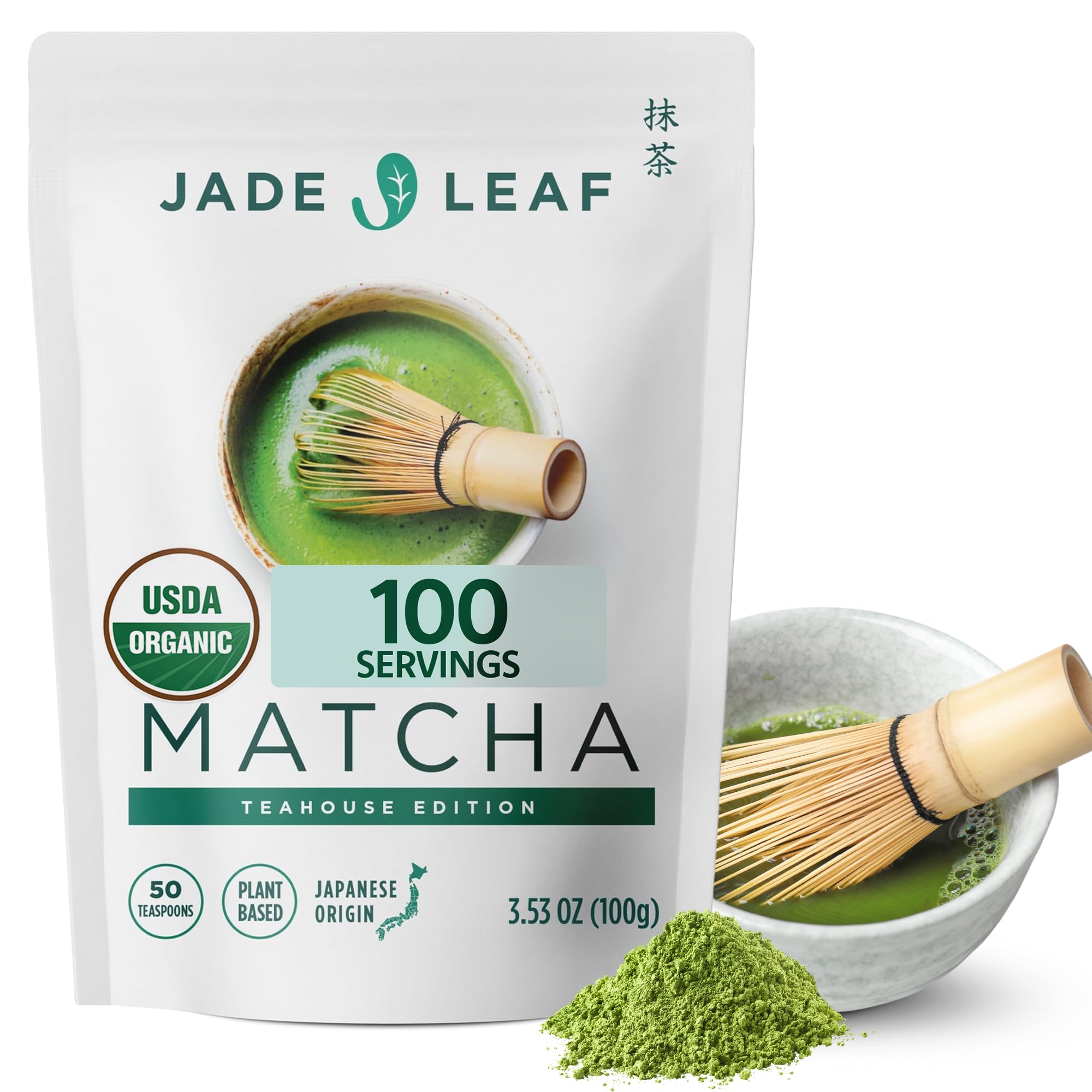 Jade Leaf Matcha Organic Ceremonial Grade Matcha Green Tea Powder - 100% Pure Japanese First Harvest Green Tea for Ceremonies, Usucha, Lattes 100g / 3.53 Ounce Pouch (Pack of 1)