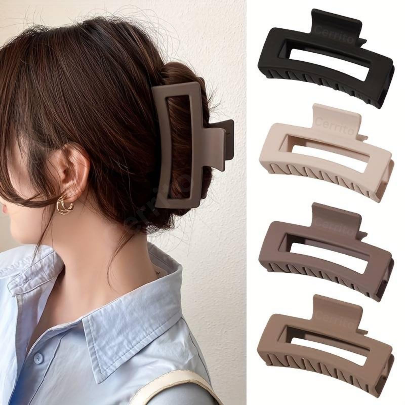 Cerrito Hair Claw Clips for Women Girls – 3 Pcs Large Strong Hold Clamps for Thick Thin Hair, Matte Nonslip Jaw Clips, Neutral Butterfly Claw, Styling, Hair Accessories, Ponytail Holder, Multicolor