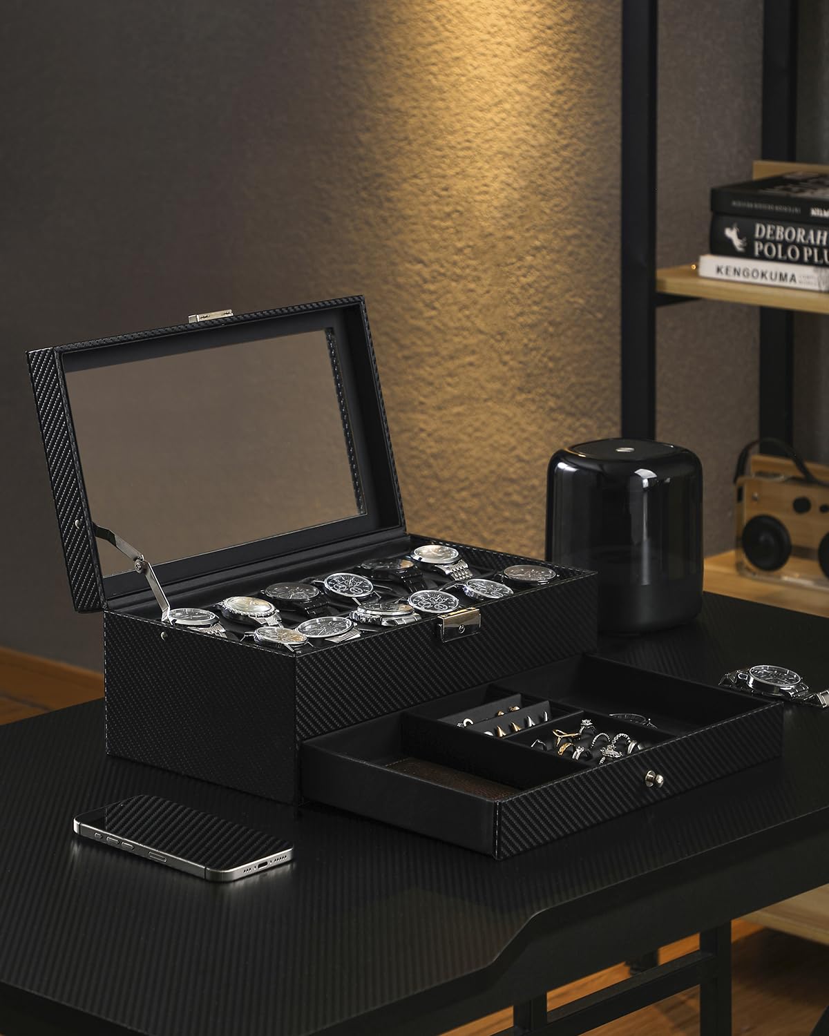 Caja de Reloj para 12 Relojes, Caja de 2 Niveles con Tapa de Cristal y Cajón, Caja de Reloj para Hombre con Cerradura de Llave para Hombres, Anillos, Gemelos y Relojes, Color Negro