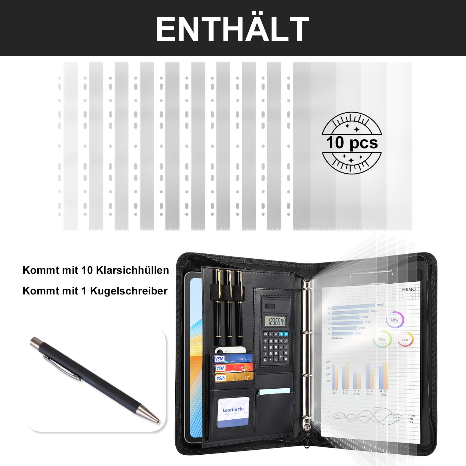 Leathario A4 Konferenzmappe, Schreibmappe mit Ringbuch，Reißverschluss,Ringbuchmappe Portfolio, Dokumentenmappe Aktenmappe Mappe Schreibblock Schwarz