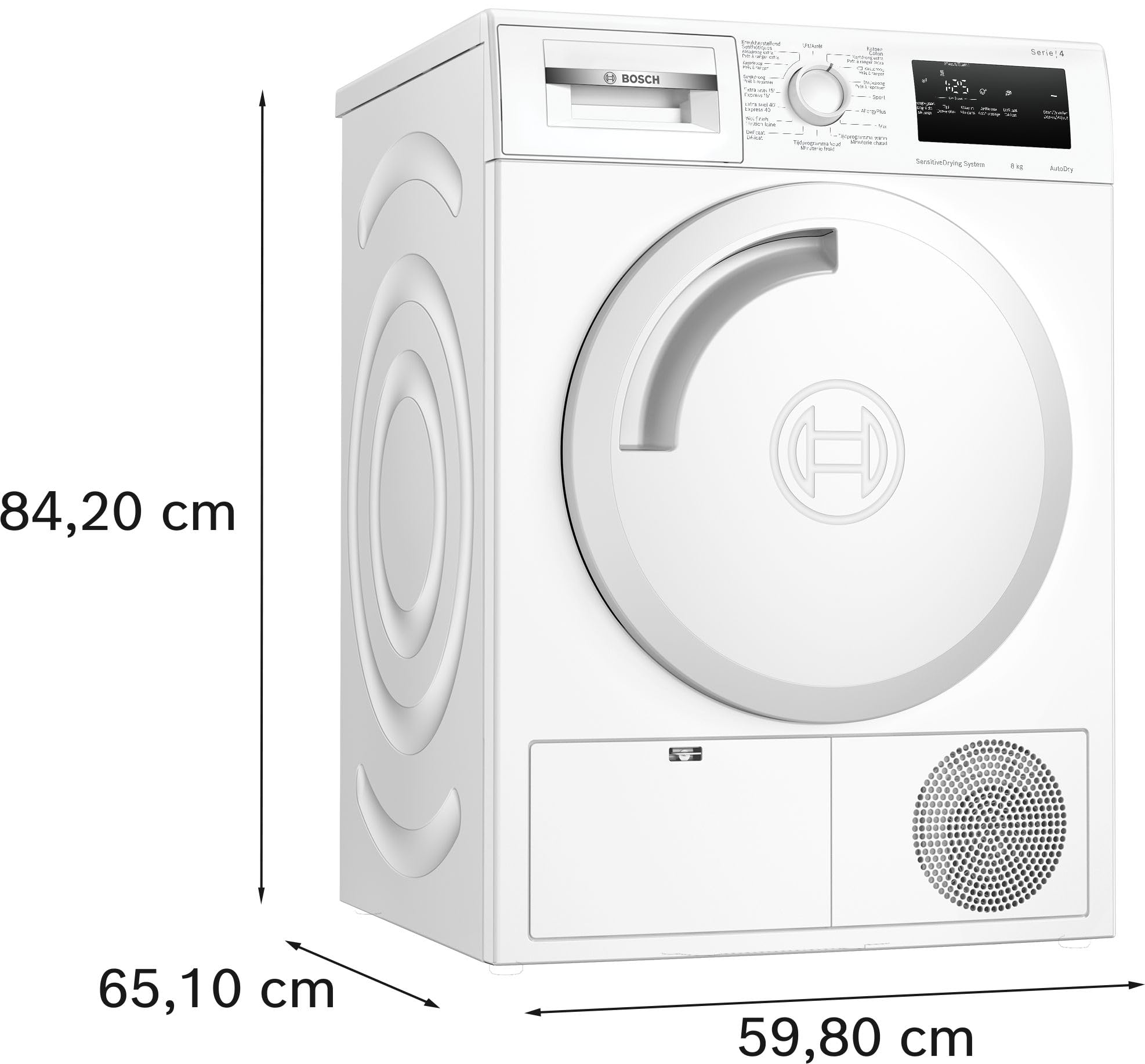 Bosch WTN83203 Serie 4, Kondenstrockner 8 kg, Extra schnelle Trocknung, Allergie Programm, AutoDry Feuchtesteuerung, SensitiveDrying System, Textilschonender Trockner, TouchControl-Tasten, Weiß