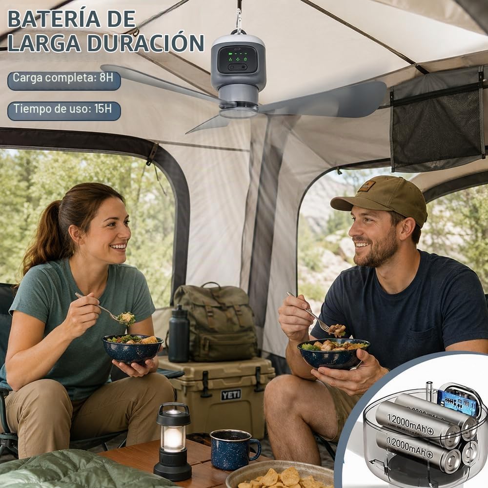 Lámpara Ventilador Techo con Luz LED,12000mAh Batería,USB,Temporizador
