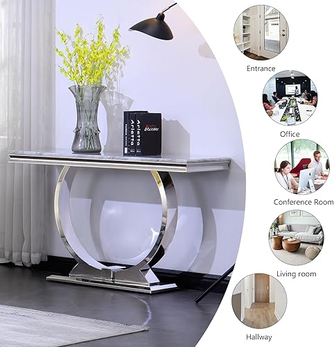 Miniatura 5 de Mesa consola plateada, mesa rectangular de 50 pulgadas con base en U espejada, mesa consola moderna gris para entrada, sala de estar, oficina,