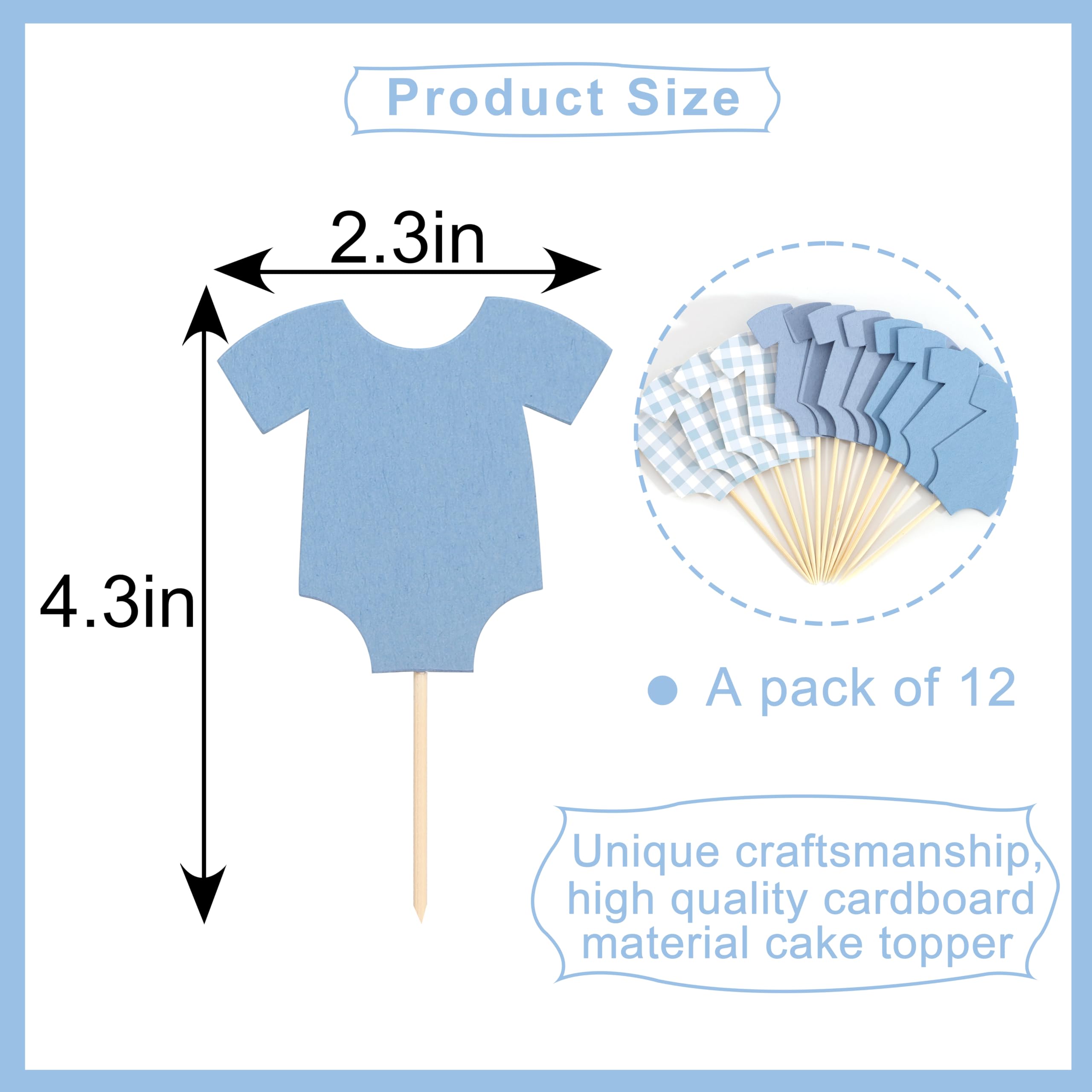 48 stuks Blauwe Rompertje Happy Birthday Cupcake Toppers, Blauw Gingham