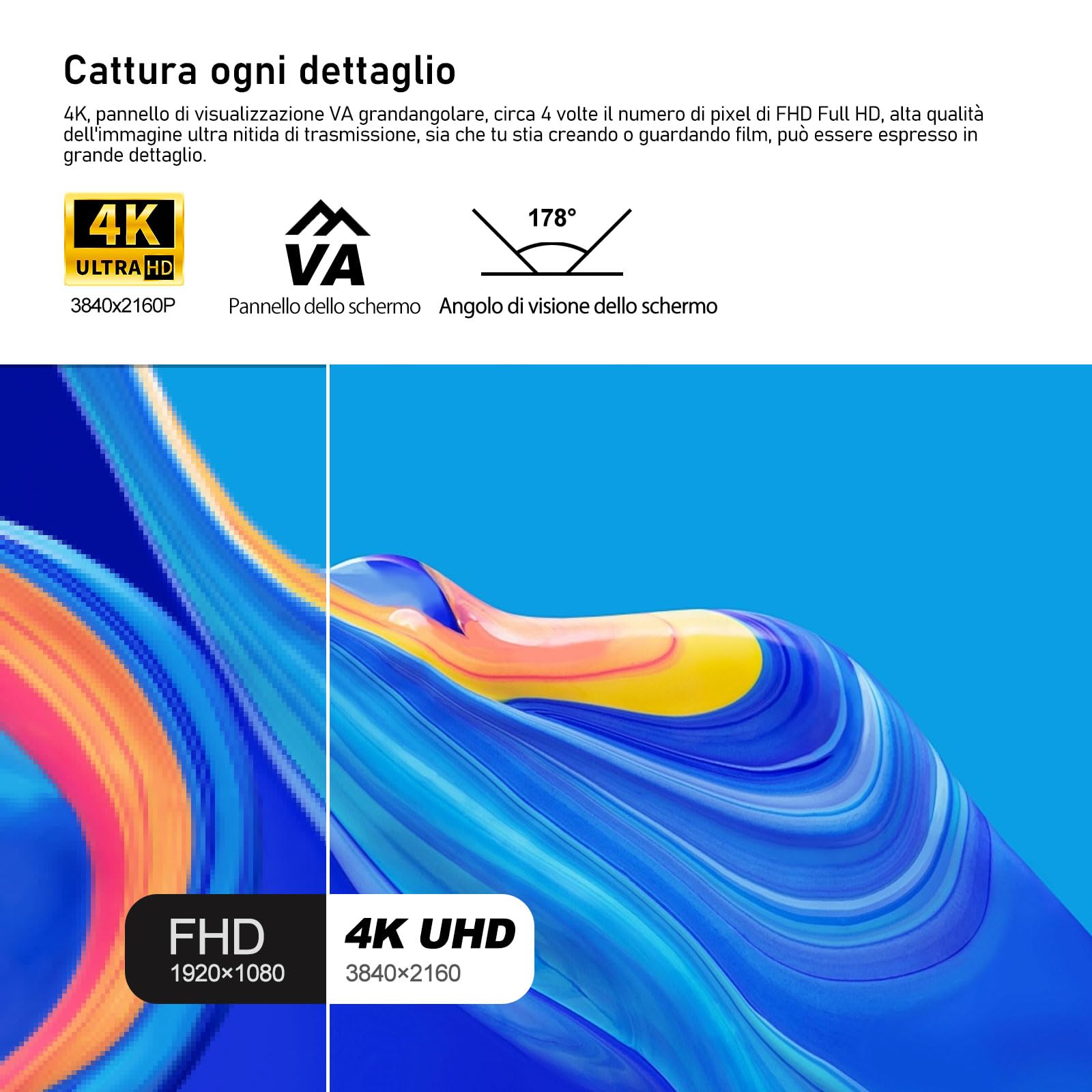 Gawfolk Monitor per computer 32 pollici 4K UHD, schermo ultra chiaro (3840×2160p), 100% sRGB, angolo di visione di 178 °, HDMI, porta display, compatibile con montaggio a parete 100 * 100 mm - nero