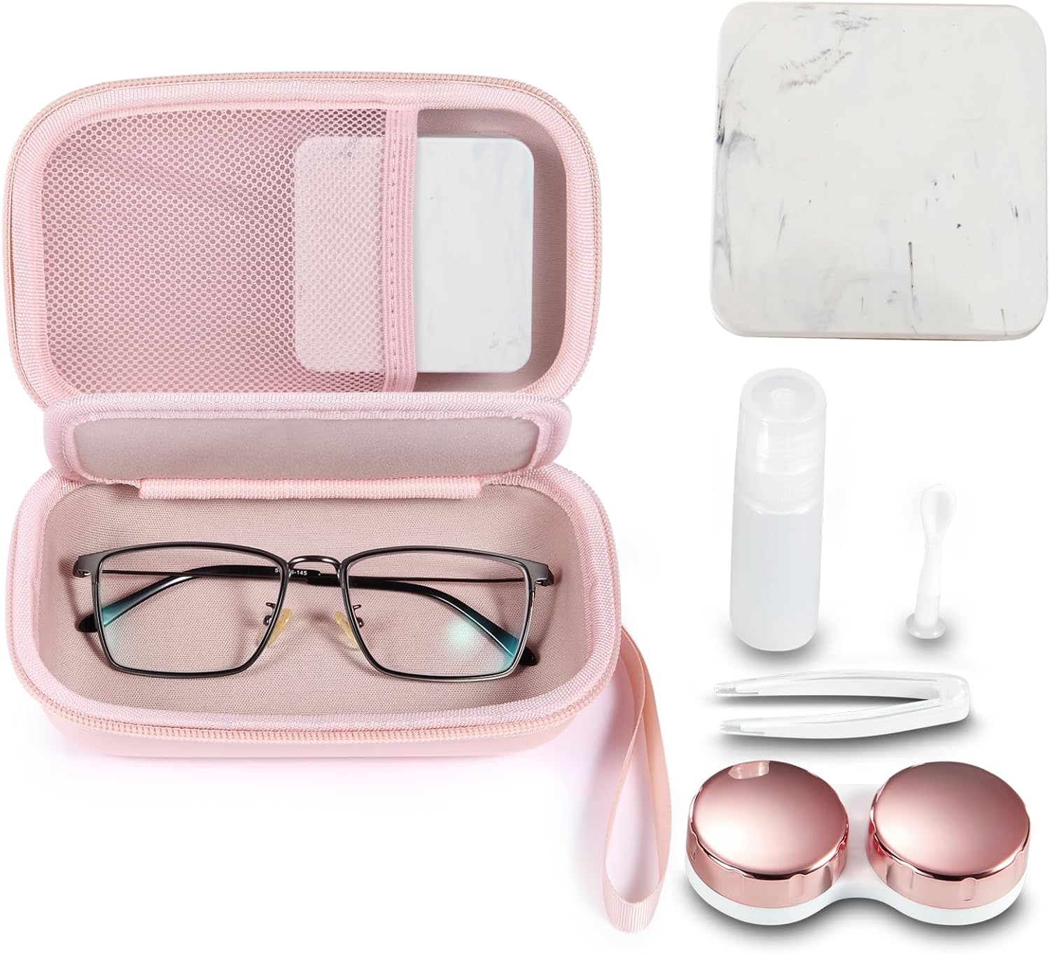 Portable Glasses and Contact Case 2 in 1, Travel Contact Cases Bag Box Holder, Included Built-in Mirror, Tweezer, Colored Lens Solution Bottle and Hand Strap(Pink)