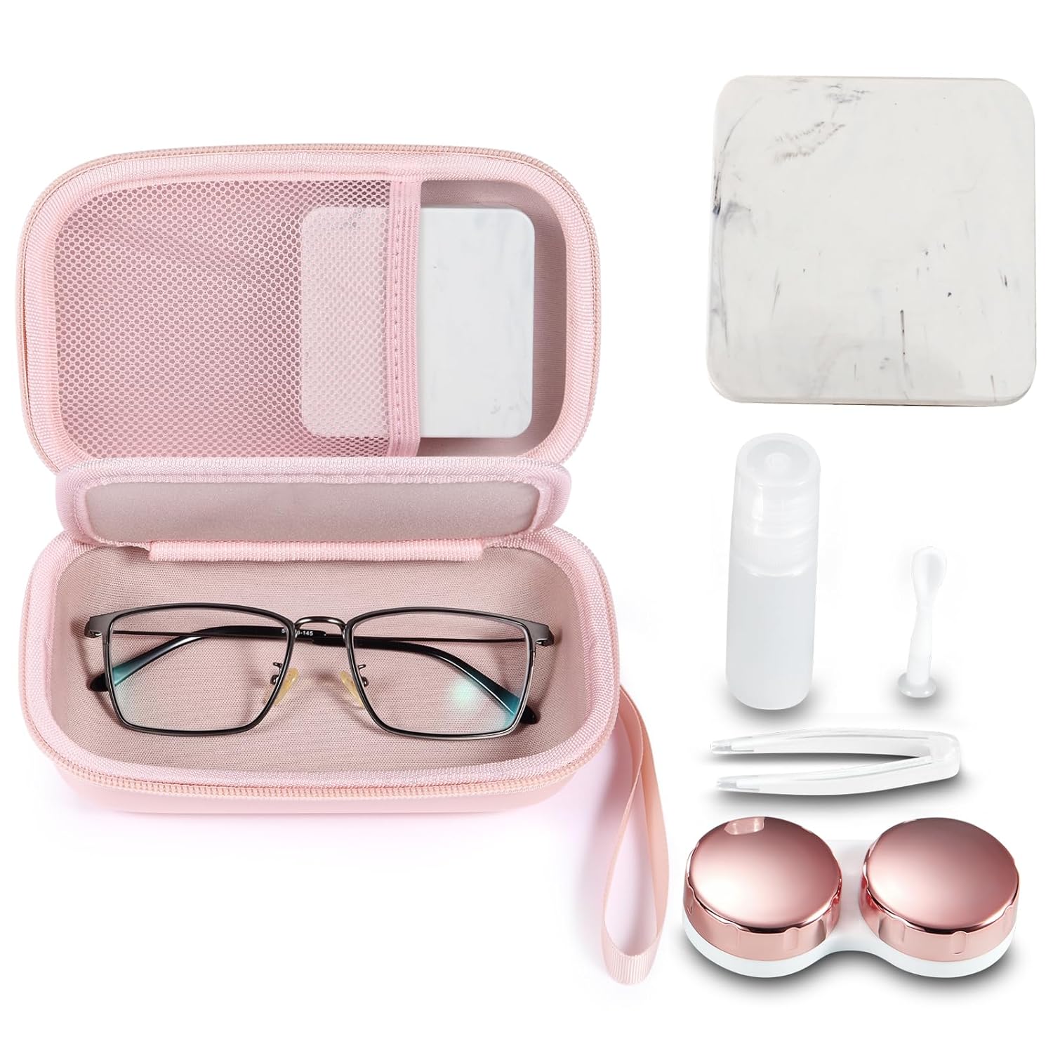 Portable Glasses and Contact Case 2 in 1 Travel Contact Cases Bag Box Holder Included Built-in Mirror Tweezer