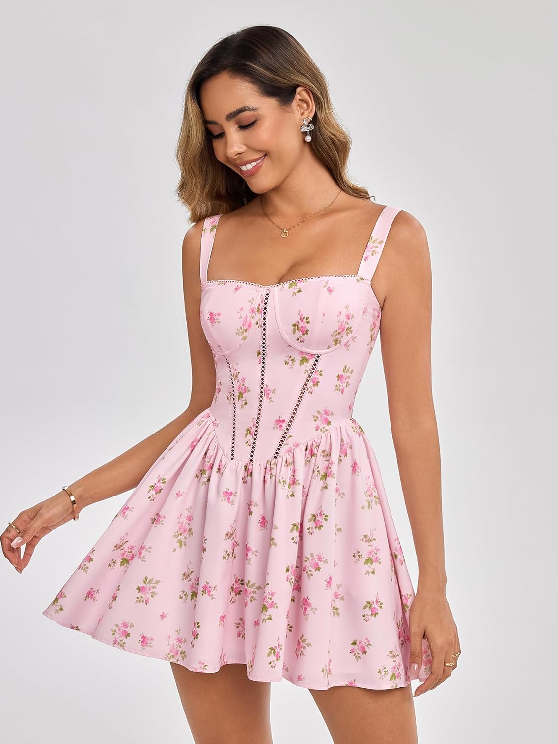 KUTUMAI Floral Corset Mini Dress Summer Flowy A Line Smocked Short Dresses for Women 2025 Sundress with Pockets - Image 2