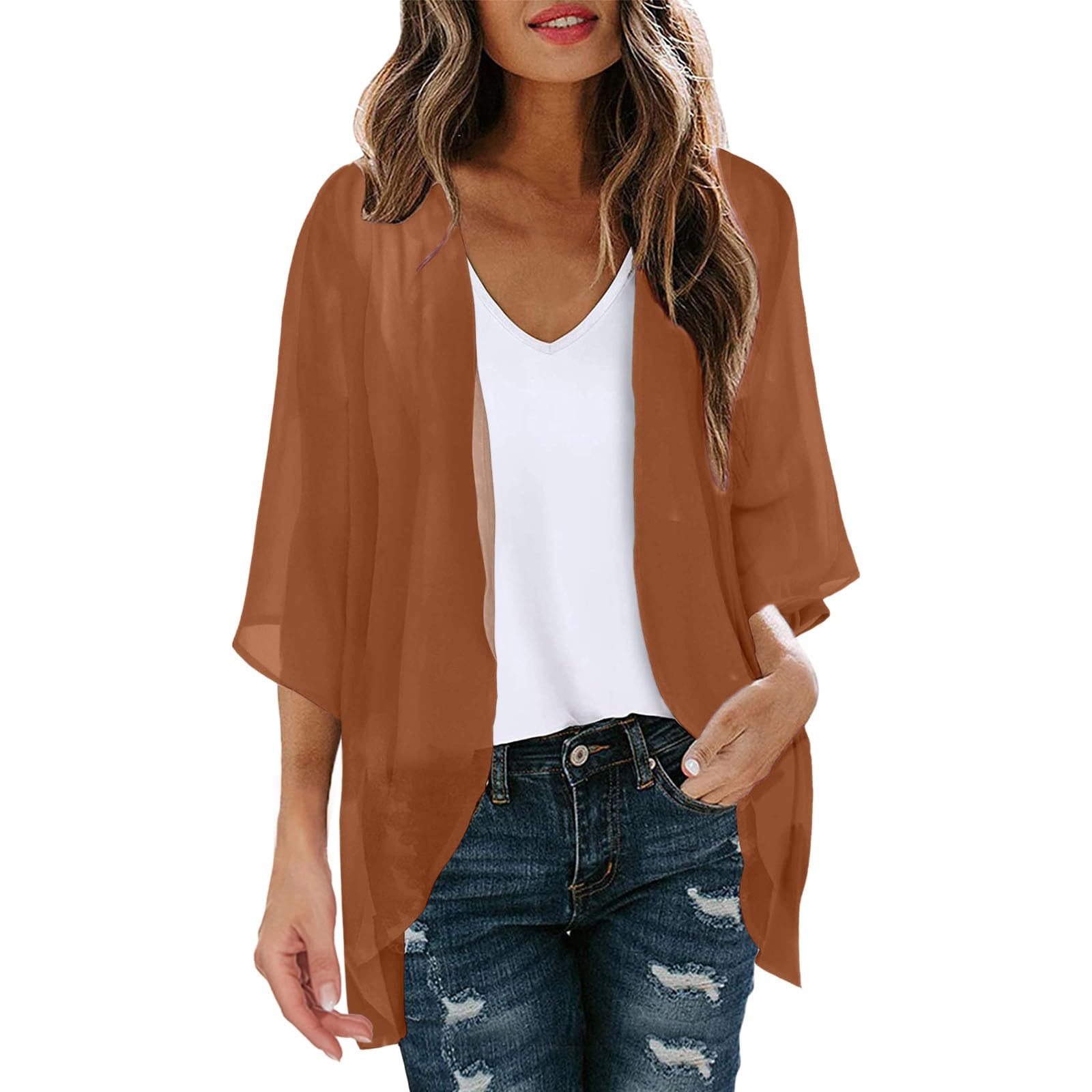 KBOPLEMQ Kimono de gasa para mujer, cárdigan de manga 3/4, bikini con estampado floral, ligero, para playa, abierto, chaqueta para verano, bolero, gasa, verano, cárdigan