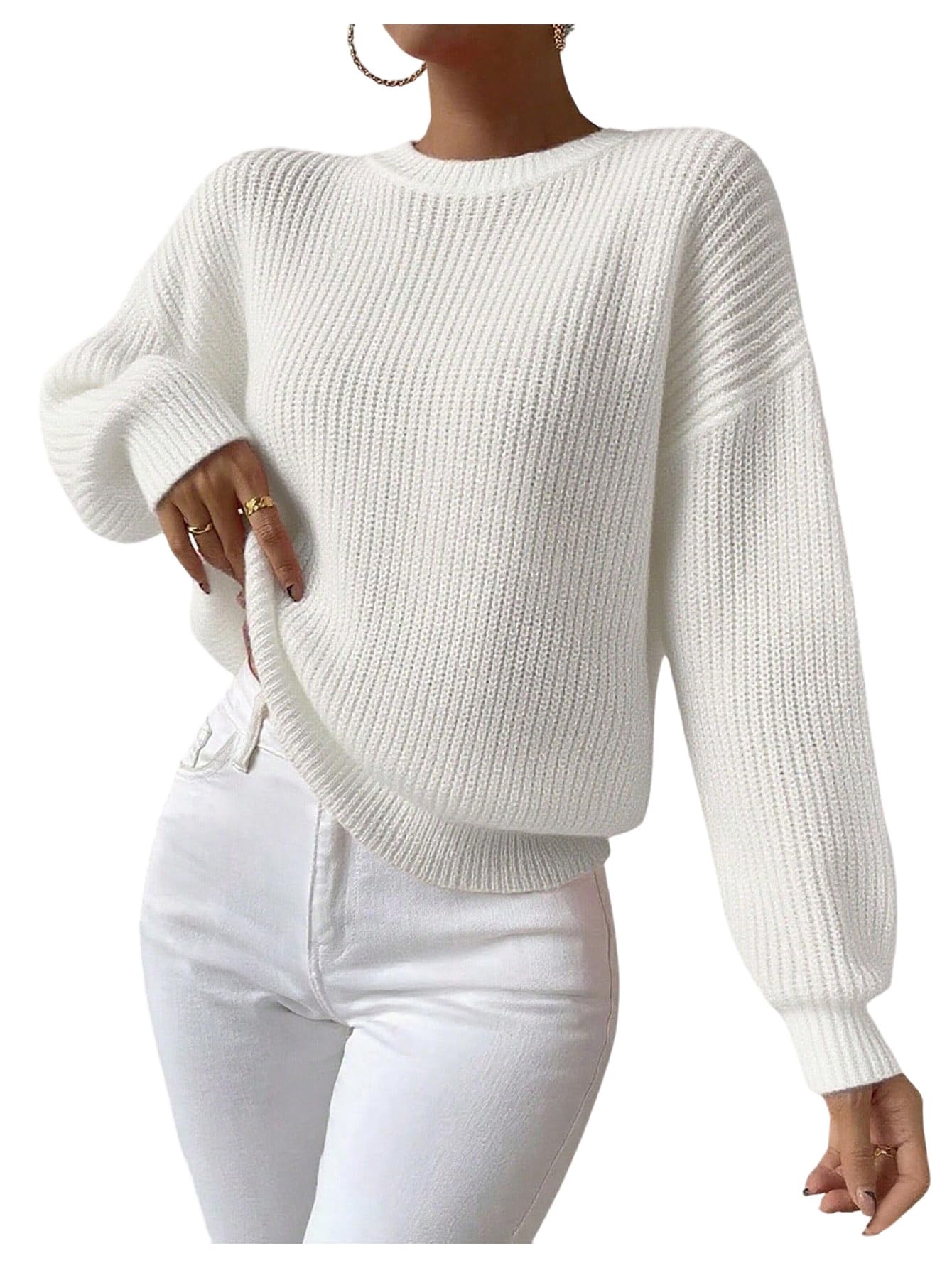 Womens Crochet Sweater Crewneck Long Sleeve Pullover Sweaters Knit Jumper