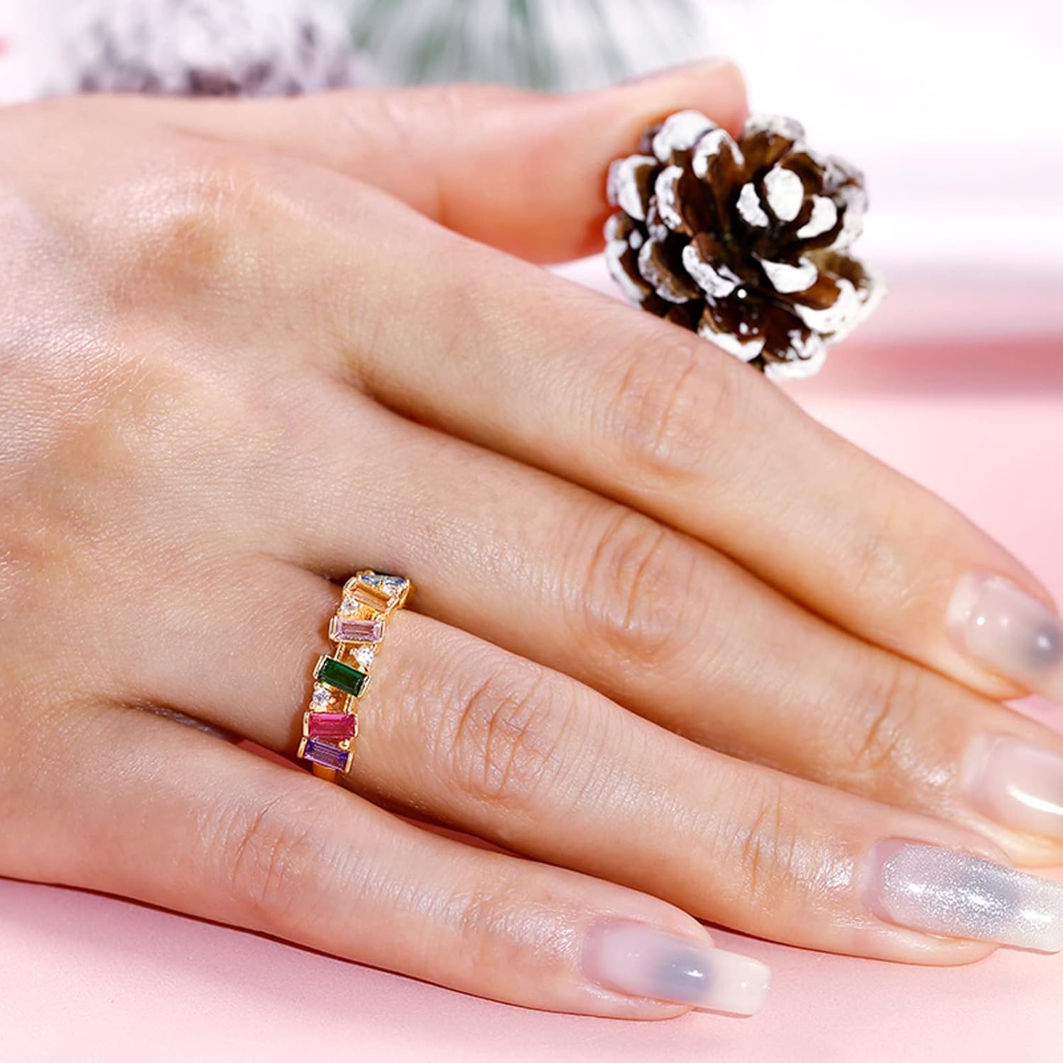 Jeulia Gemstone Eternity Ring Sterling Silver Multi-Colored Bands Emerald Cut Anniversary Wedding Jewelry For Women Cubic Zirconia Rainbow Engagement Birthstone Promise Band with Gift Box