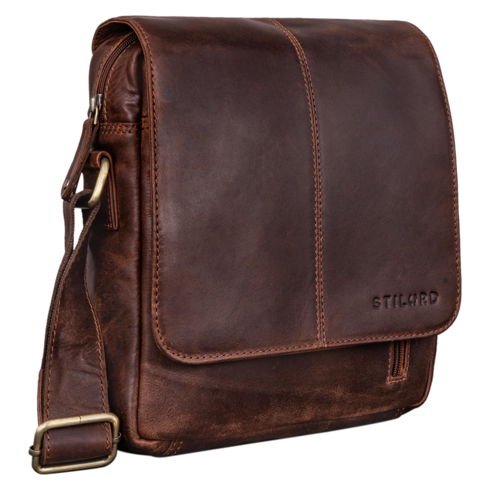 STILORD Matt Sacoche Homme Cuir Petit Sac Bandoulière Homme Cuir Véritable Besace Pochette Sacs à Main Vintage Sacs d'épaule pour Business Voyage, Tablette 9,7 Pouces Couleur:Mocca - Marron foncé