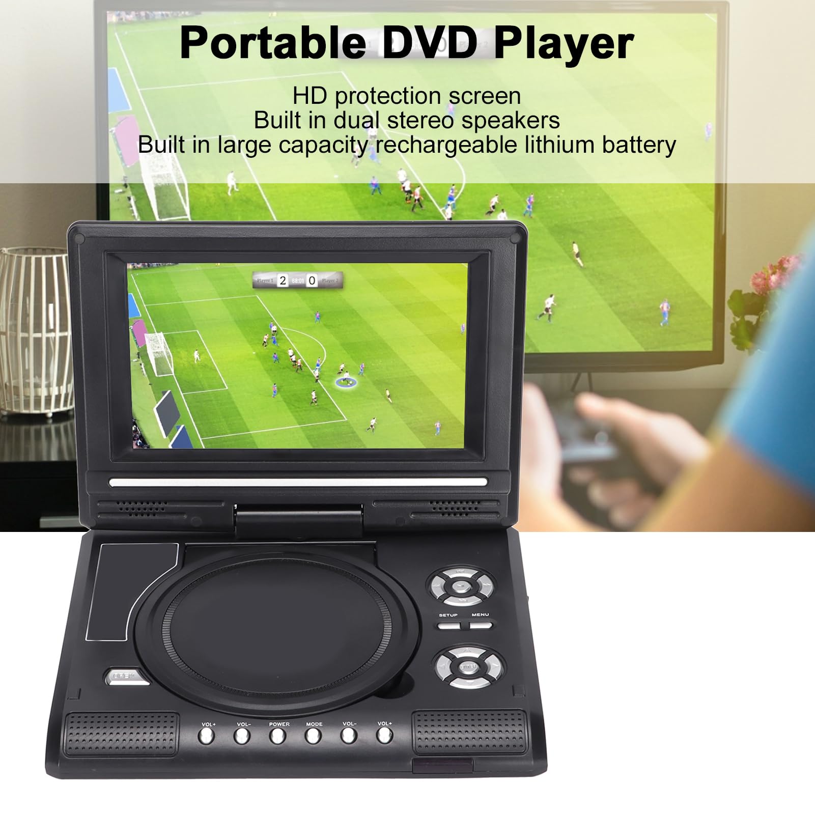 Reproductor de DVD HD Portátil con Pantalla Giratoria 270°, Altavoces Estéreo, TV Analógica, USB, Lector de Tarjetas, Batería