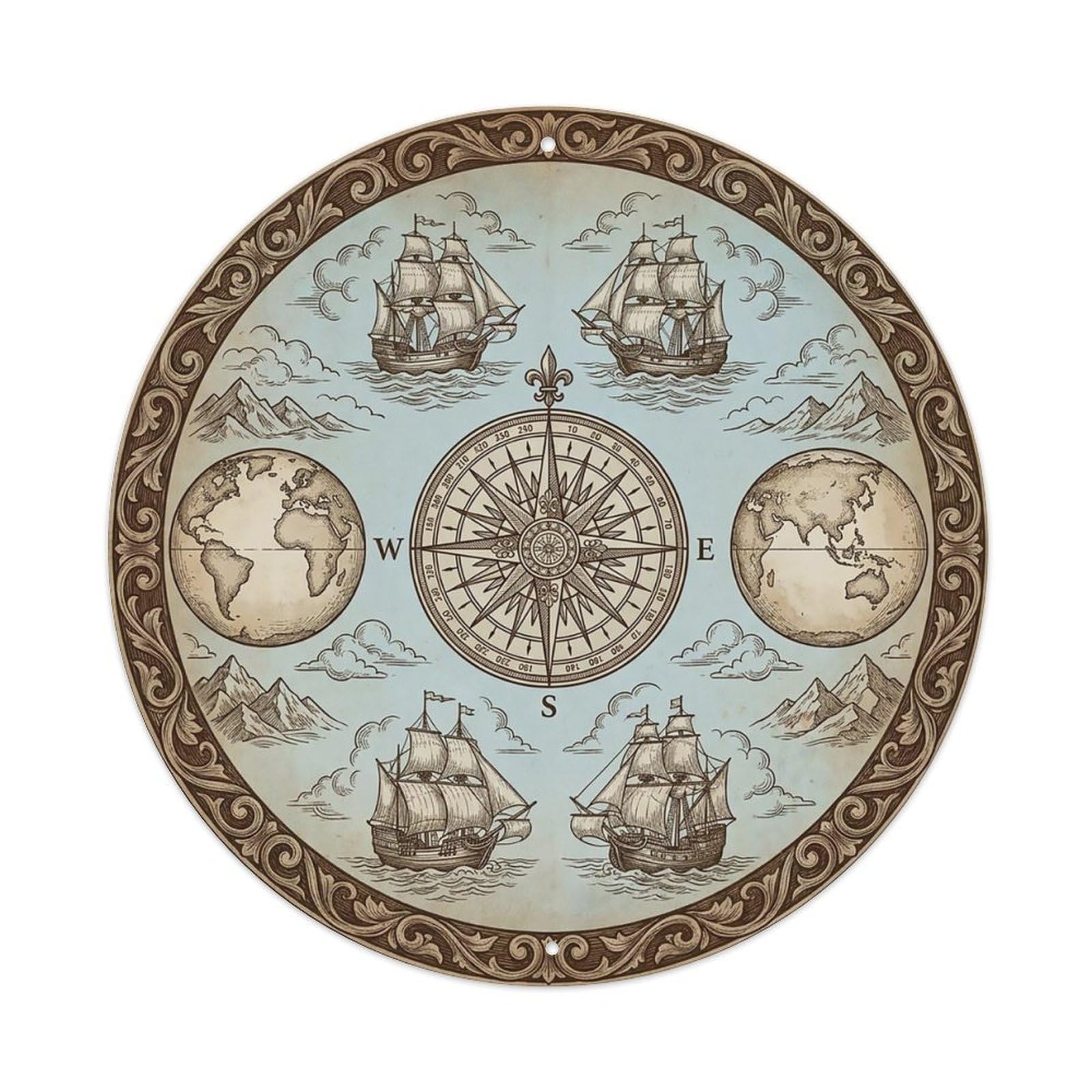 Vintage Nautical Compass World Map Memoir Path Metal Tin Sign