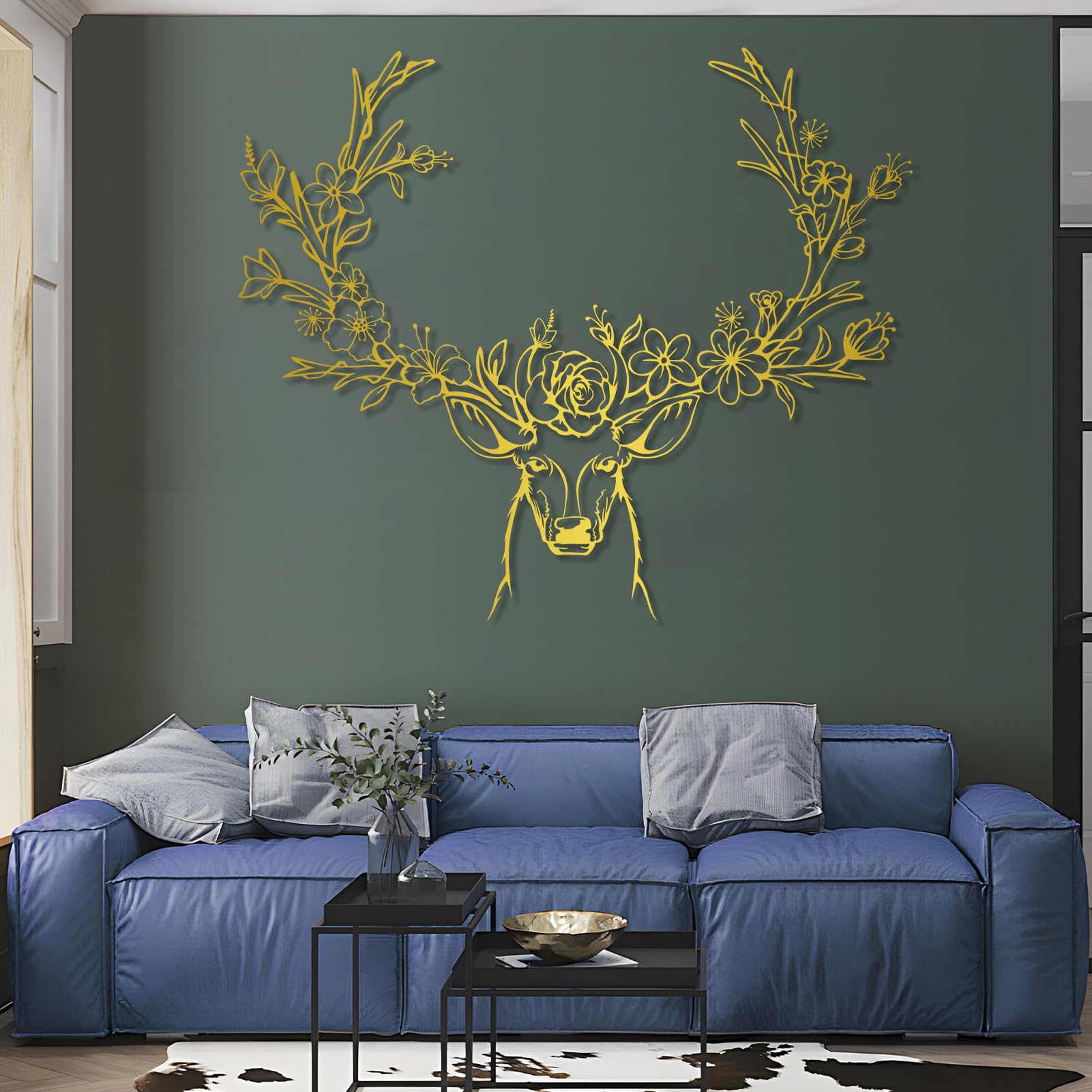 Decorazione murale in Metallo Scultura da Appendere a Parete Raffigurante Un Cervo con Fiori Ideale per Soggiorno Camera da Letto e Ufficio Colore Oro Dimensioni 90 x 76 cm (35" x 30")