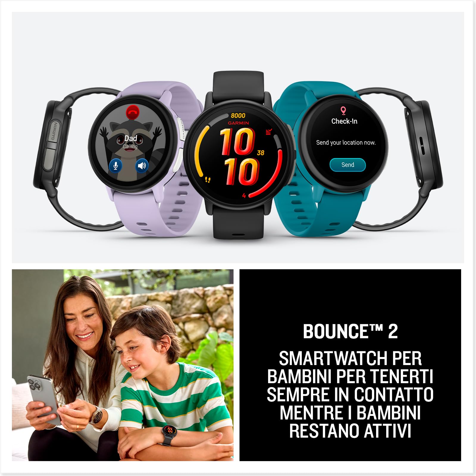 Garmin Bounce 2, Smartwatch per bambini con chiamate e SMS, Tracciamento della posizione in tempo reale, App per lo sport integrate, Autonomia fino a 2 giorni (Purple)