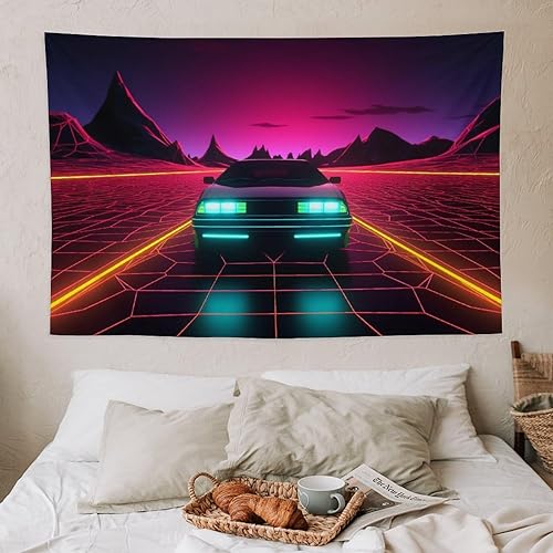 Miniatura 7 de QEOPGNE Large Tapestry Wall Hanging Decor Retro Neon Futuristic Car Sunset Synthwave Retrowave Large Tapestry Wall Decor for Bedroom Aesthetic
