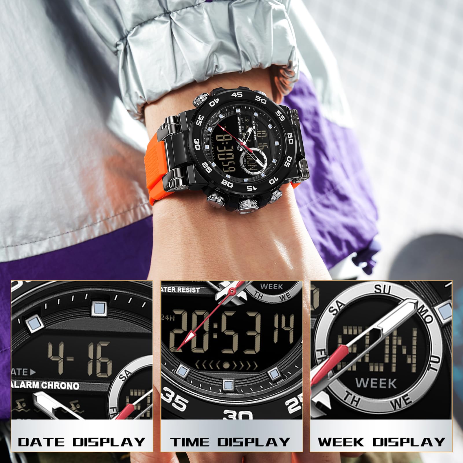 findtime Reloj digital táctico militar para hombre, resistente al agua, 5 ATM, reloj analógico con retroiluminación LED de 12/24 horas, alarma, cronómetro, timbre cada hora