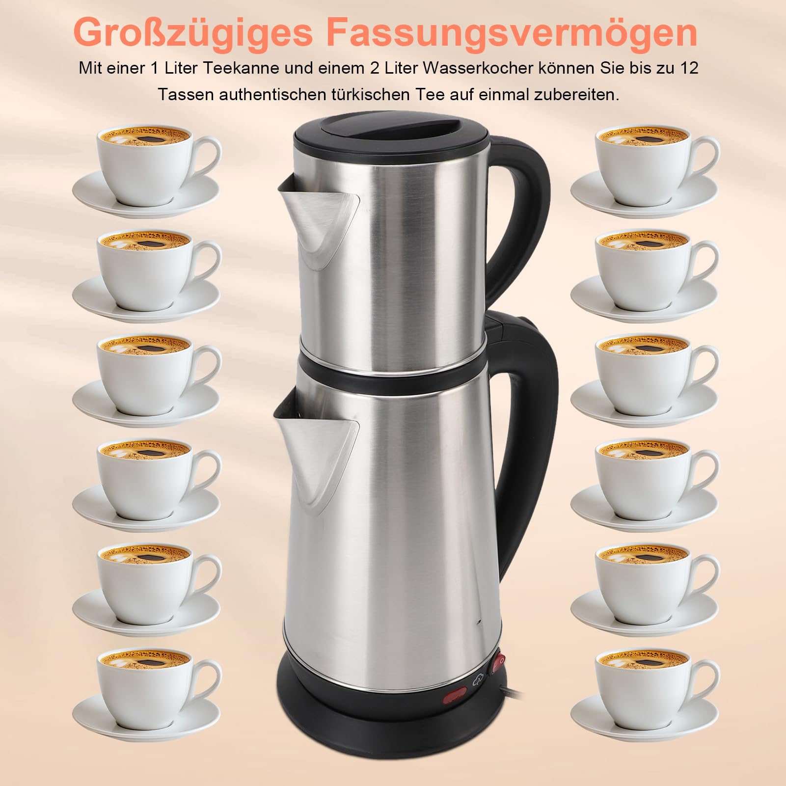 SENECESLI Elektrischer Türkischer Teehersteller, Edelstahl -Doppelkinder -Teekessel, Inklusive Infuser, Automatische Absperrung und Kochen Trockener Schutz, 1l Kessel + 2L Teekanne, 1800W (EU)