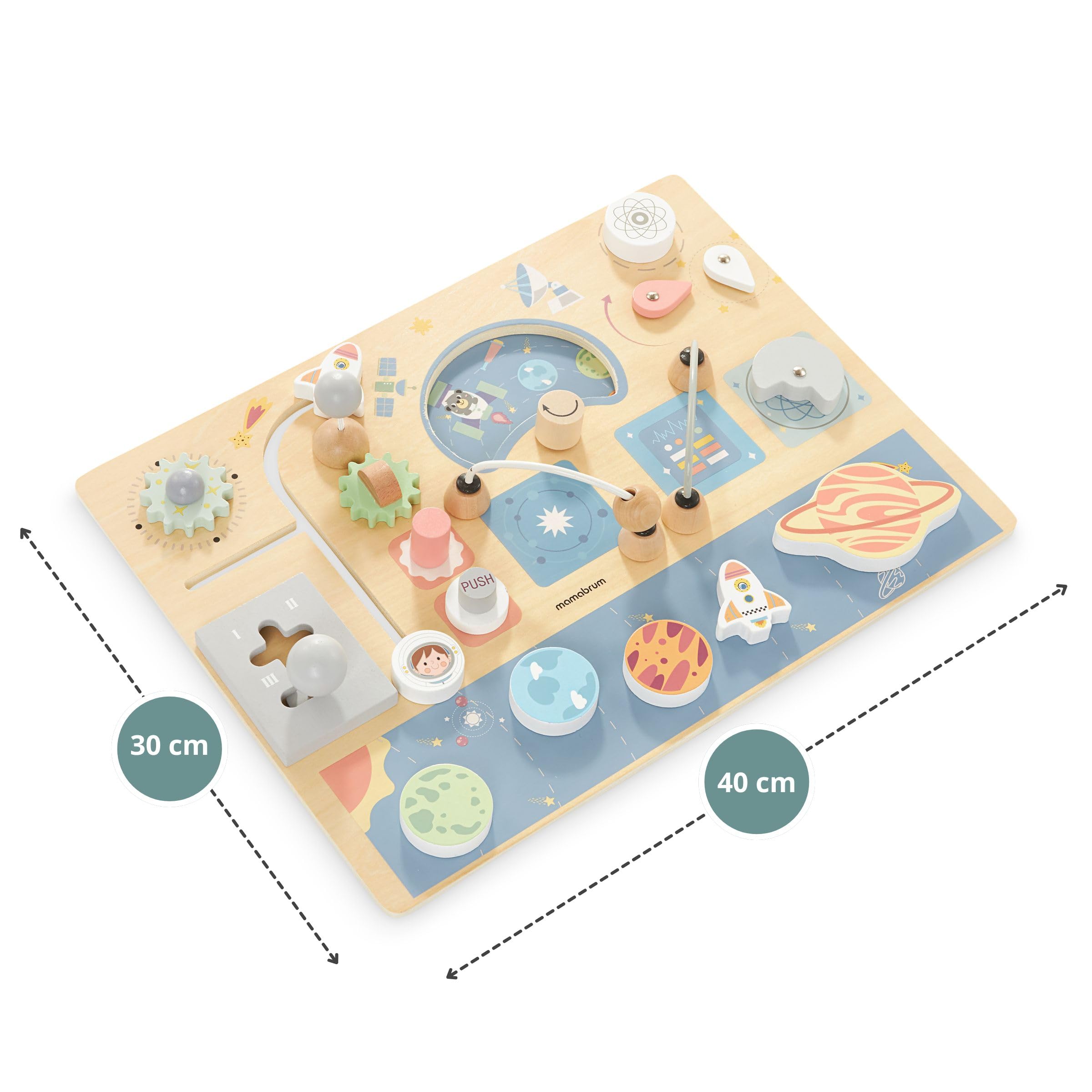 mamabrum Busy Board - Pannello Sensoriale Bambini Montessori in MDF 40 x 30 x 4 cm - Tema Spazio con Ruote, Pulsanti e Labirinto - Giocattolo Educativo per Bambini 18+ Mesi