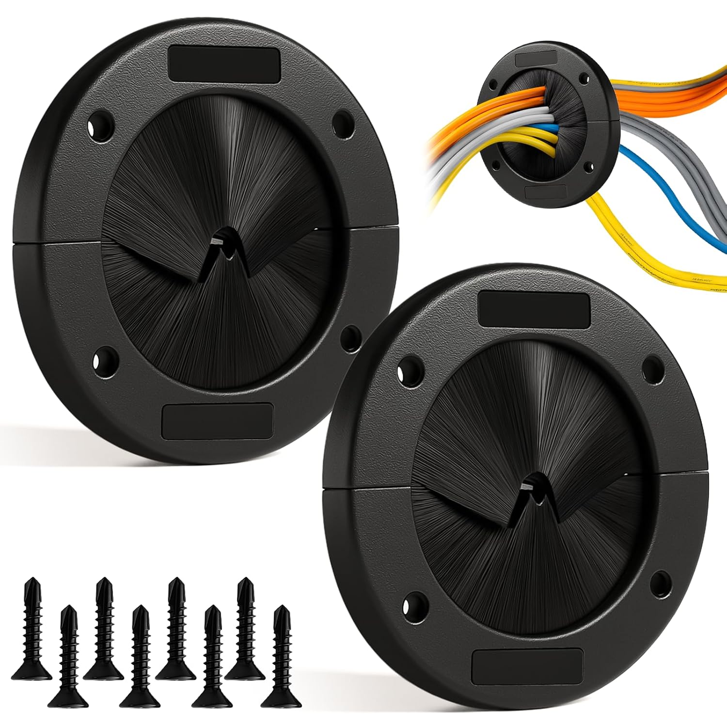 2 Pack 4-Inch Round Brush Grommet, Large Split Design, Raised Floor Airflow Optimization for Home, Data Center Wall & Floor Cable Management