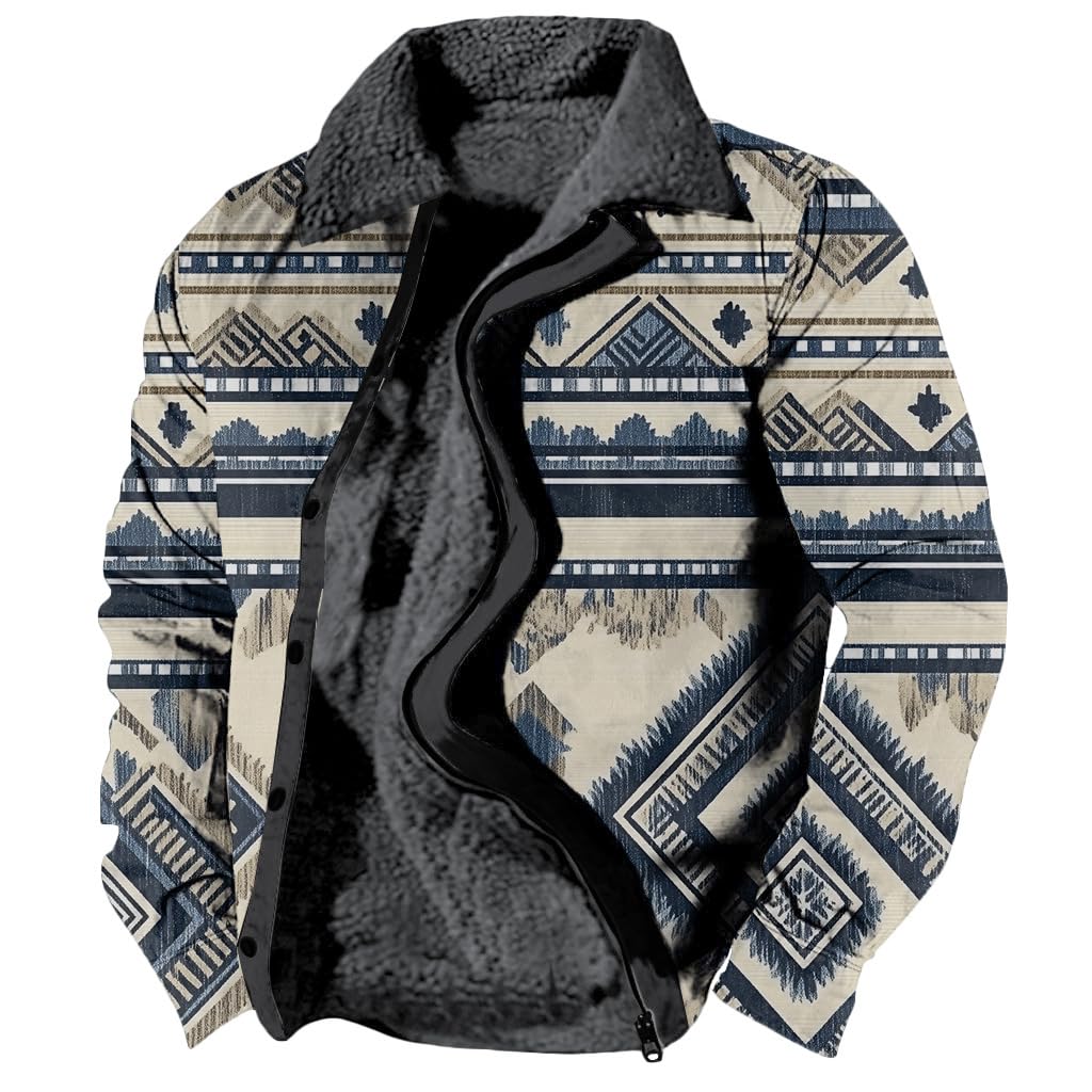 Mens Country Vintage Western Cowboy Aztec Print Graphic Jackets Autumn Winter Lapel Fleece Zipper Jackets with Pockets