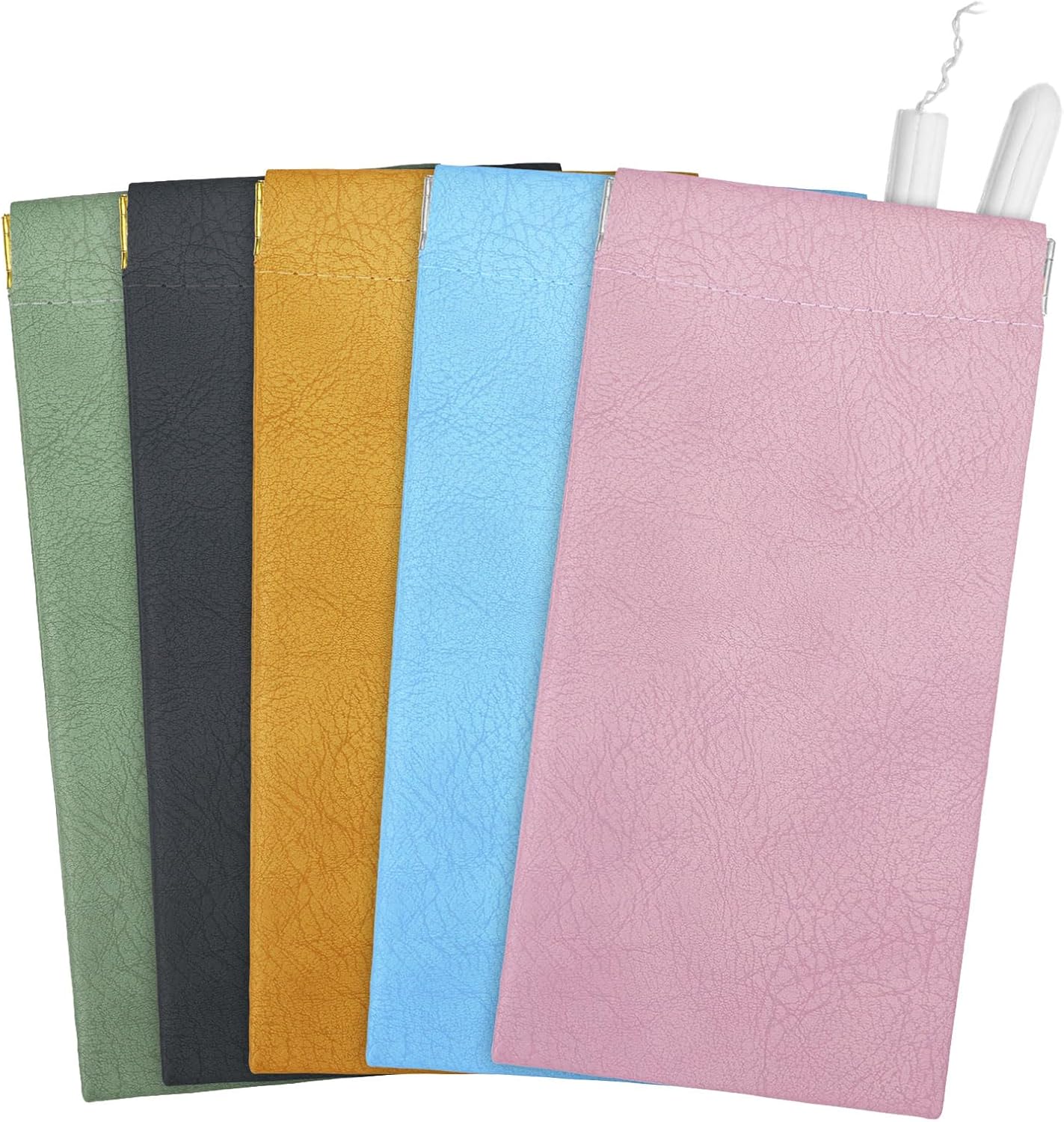 Sanitary Tampon Storage Bag 5 Count, Mini Tampon Bag, Self-Closing Shrapnel, One-Handed Opening, Waterproof Leather Grain Keeps It Safe and Tidy, Hides Tampons and Small Objects，Long Rectangle Shape