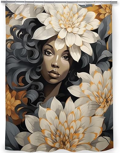 Miniatura 2 de ANINDA Cortina de ducha con diseño de niña negra con flores, estilo realismo estilizado, juego de cortina de ducha de tela con 12 ganchos,
