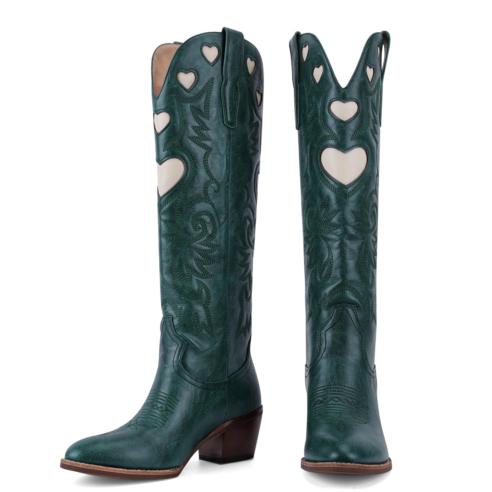 Cowboy Boots for Women Wide Calf Round Toe Chunky Stacked Heel Knee High Cowgirl Boot Heart Pattern Classic