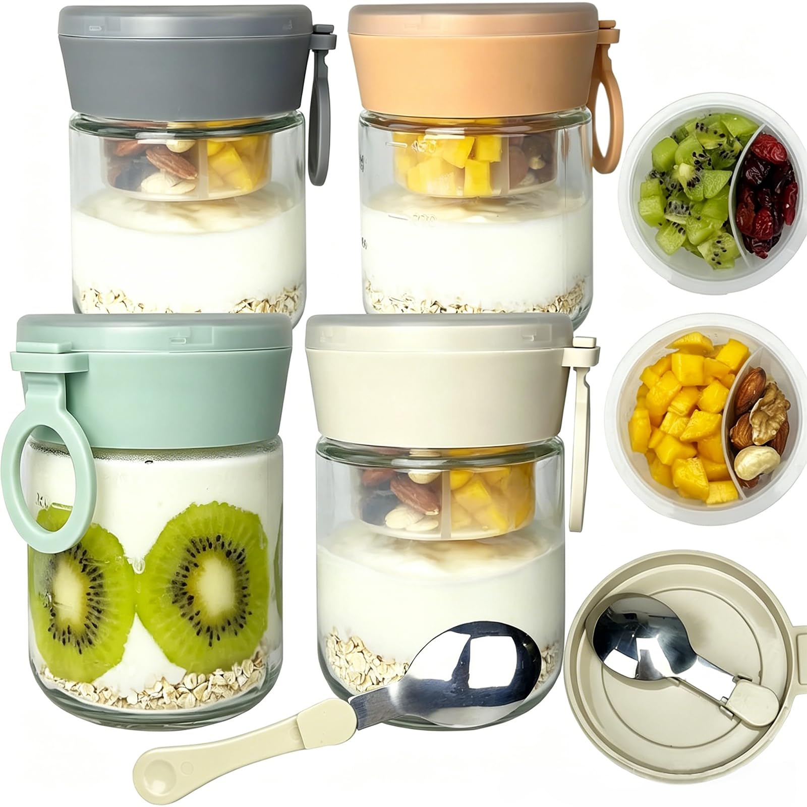 Overnight Oats Overnight Oats - Set di 4 bicchieri con cucchiaio pieghevole, multiuso, con coperchio, per separazione a secco e bagnato, per yogurt, porridge, colazione (4 pezzi, 600 ml)