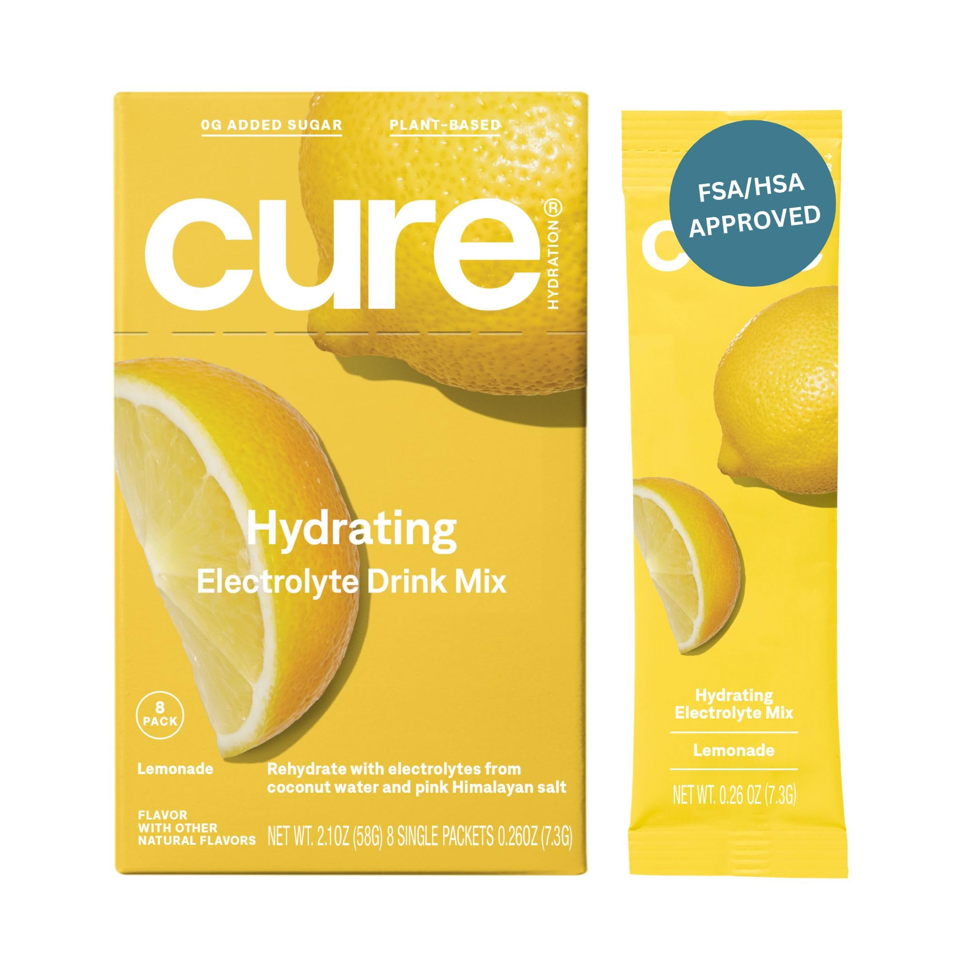 CURE HYDRATION MIX Electrolyte | Powder for Relief | FSA & HSA Eligible | Made with Coconut Water | No Added Sugar | Vegan | Paleo Friendly | Box of 8 Packets - Lemonade
