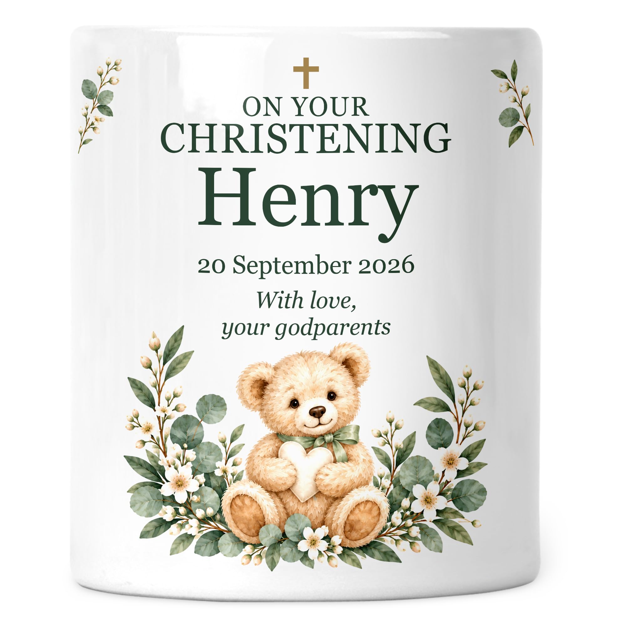 Personalised Christening or Baptism Money Box - Heart Teddy