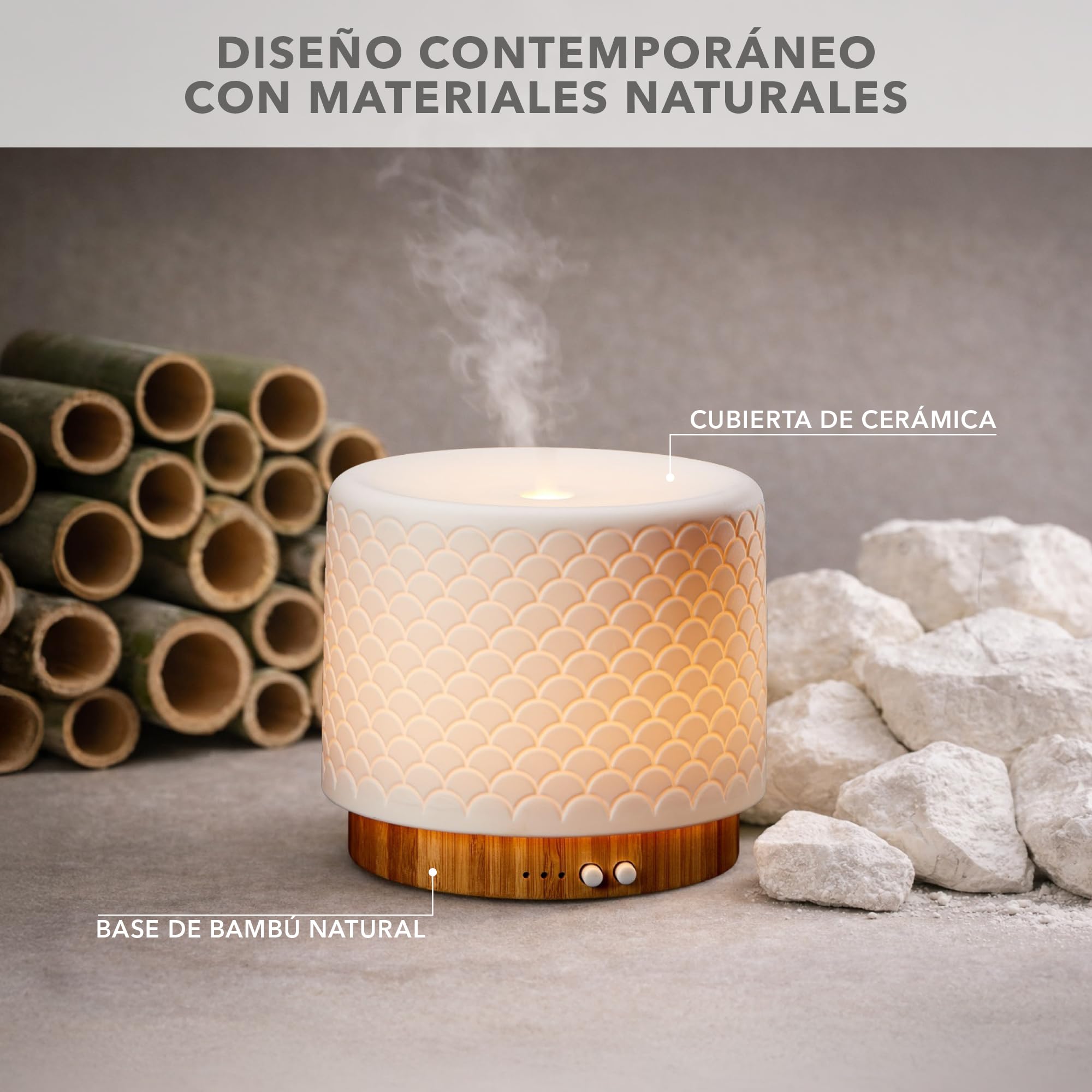 Moya - Difusor Aceites Esenciales Ultrasónico 280 Ml - 14h Autonomía - Luz LED – Temporizador - Silencioso con Apagado Automático - Aromaterapia - Modo Respiración Antiestrés - Bambú Y Cerámica