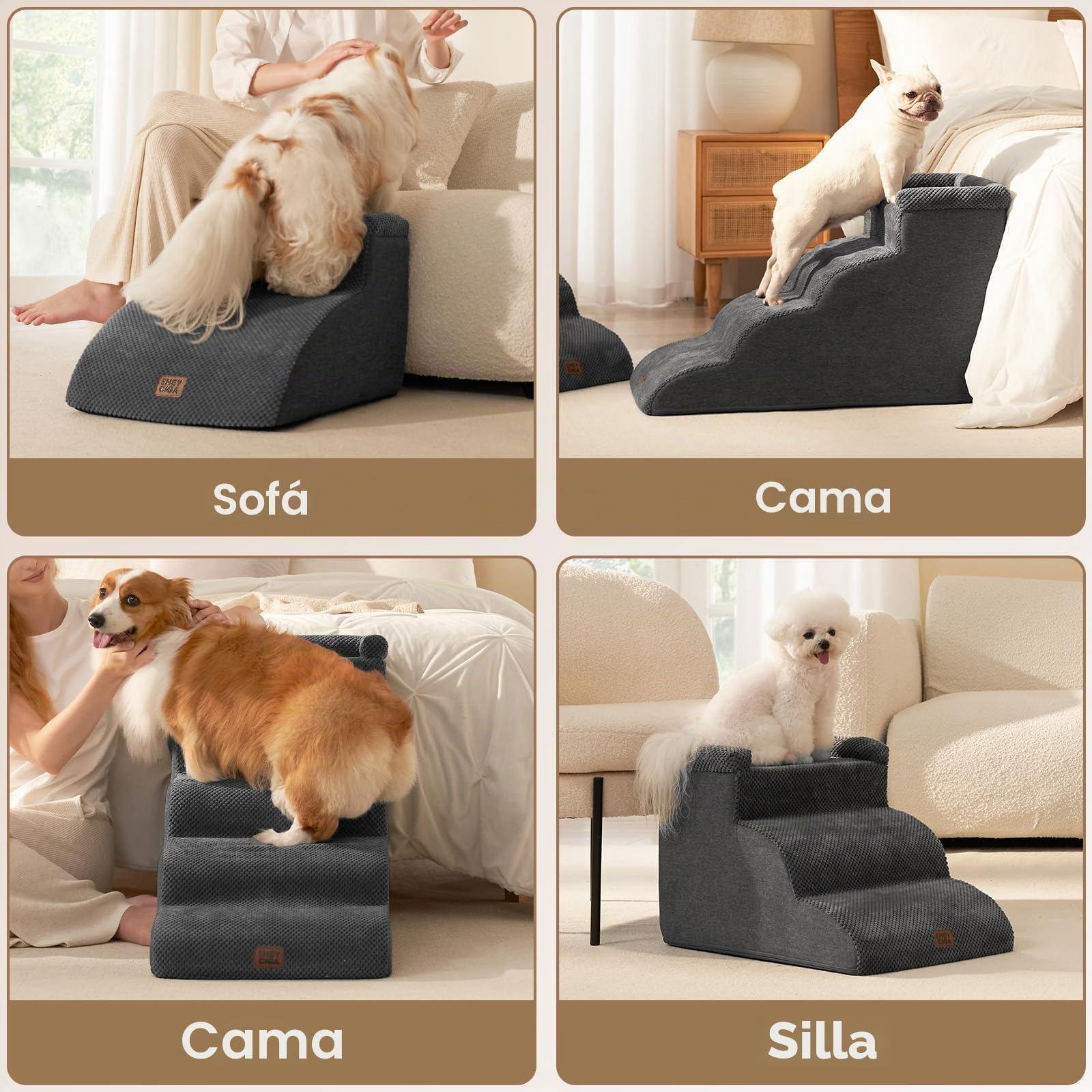 EHEYCIGA Escalera Perros 3 Peldaños, Rampa Perro para Cama y Sofá, Gris | Espuma Alta Densidad, Base Antideslizante, Funda Lavable, 40x60x35.5 cm, para Perros Pequeños y Grandes, Mascotas Mayores